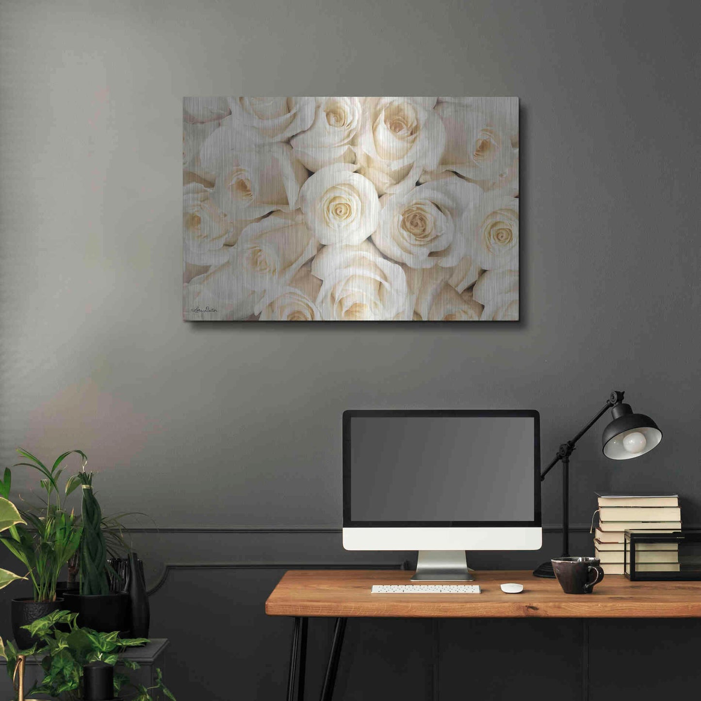 Luxe Metal Art 'Top View - White Roses' by Lori Deiter, Metal Wall Art,36x24