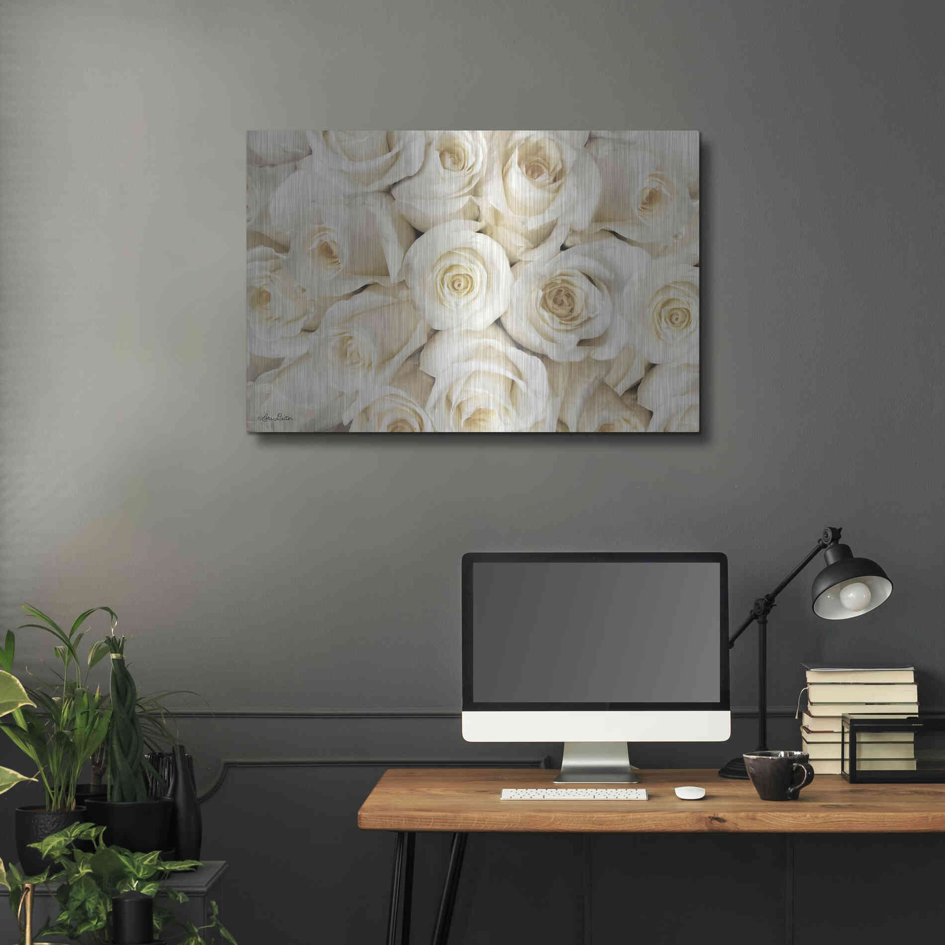 Luxe Metal Art 'Top View - White Roses' by Lori Deiter, Metal Wall Art,36x24