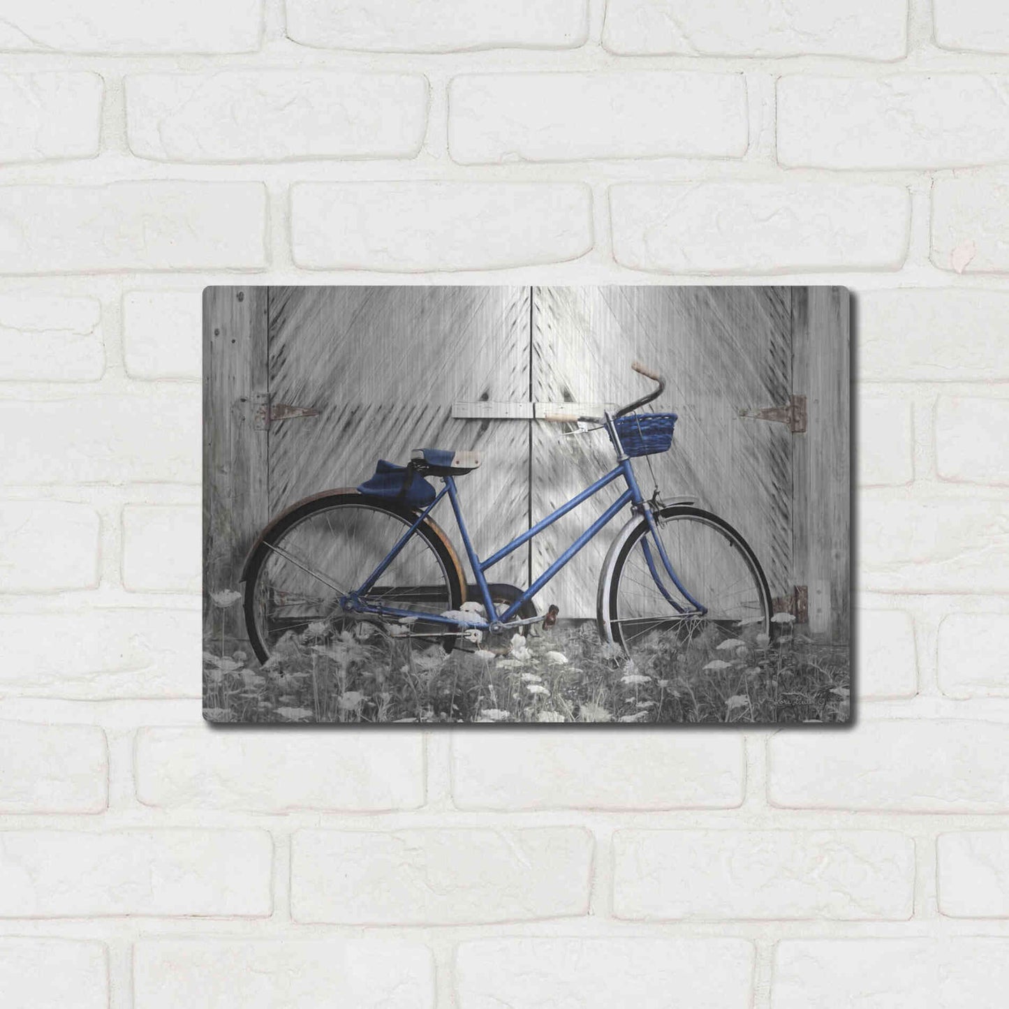 Luxe Metal Art 'Blue Bike at Barn' by Lori Deiter, Metal Wall Art,16x12