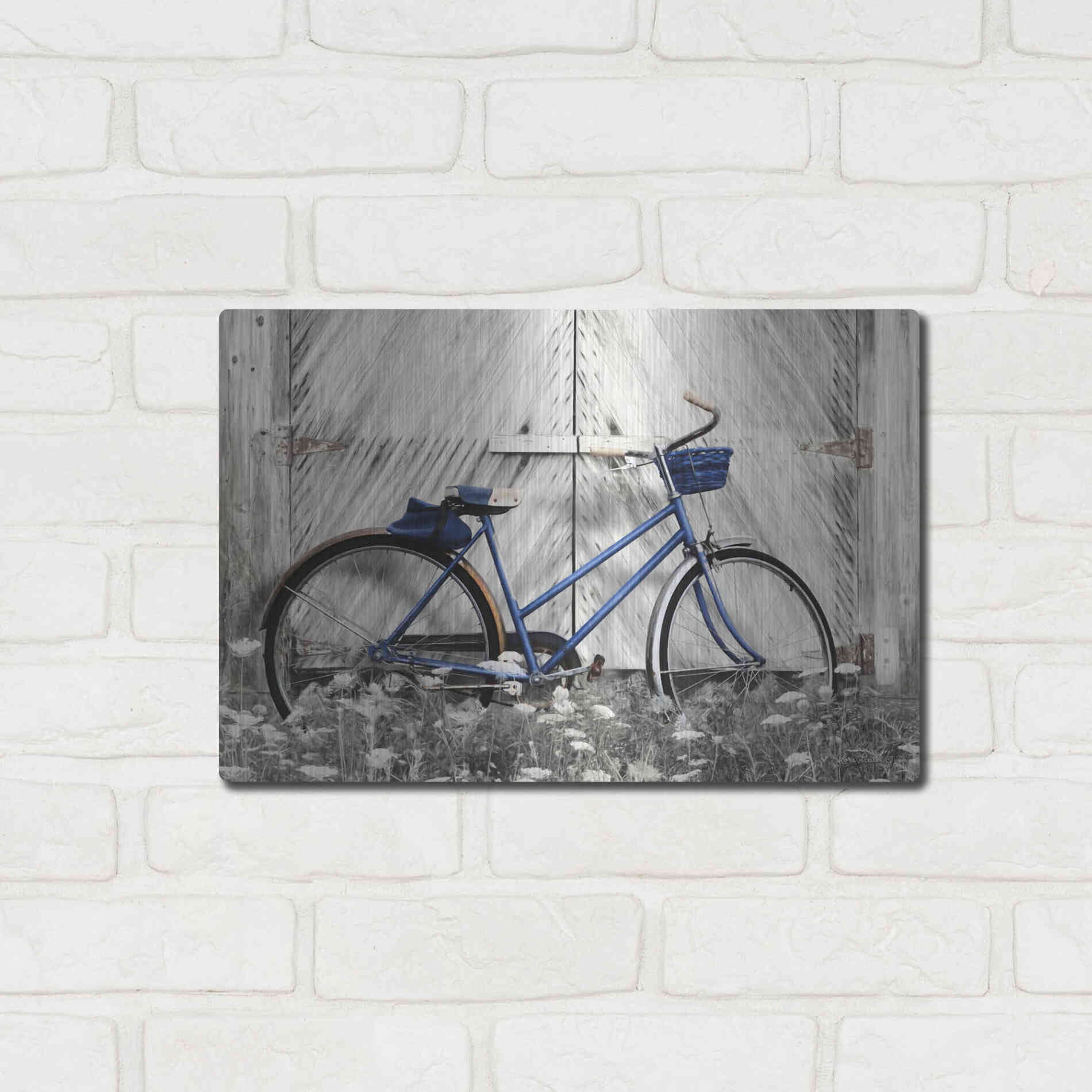 Luxe Metal Art 'Blue Bike at Barn' by Lori Deiter, Metal Wall Art,16x12