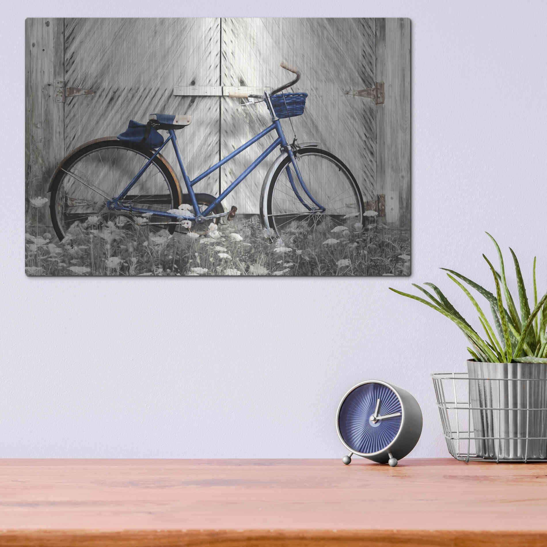 Luxe Metal Art 'Blue Bike at Barn' by Lori Deiter, Metal Wall Art,16x12