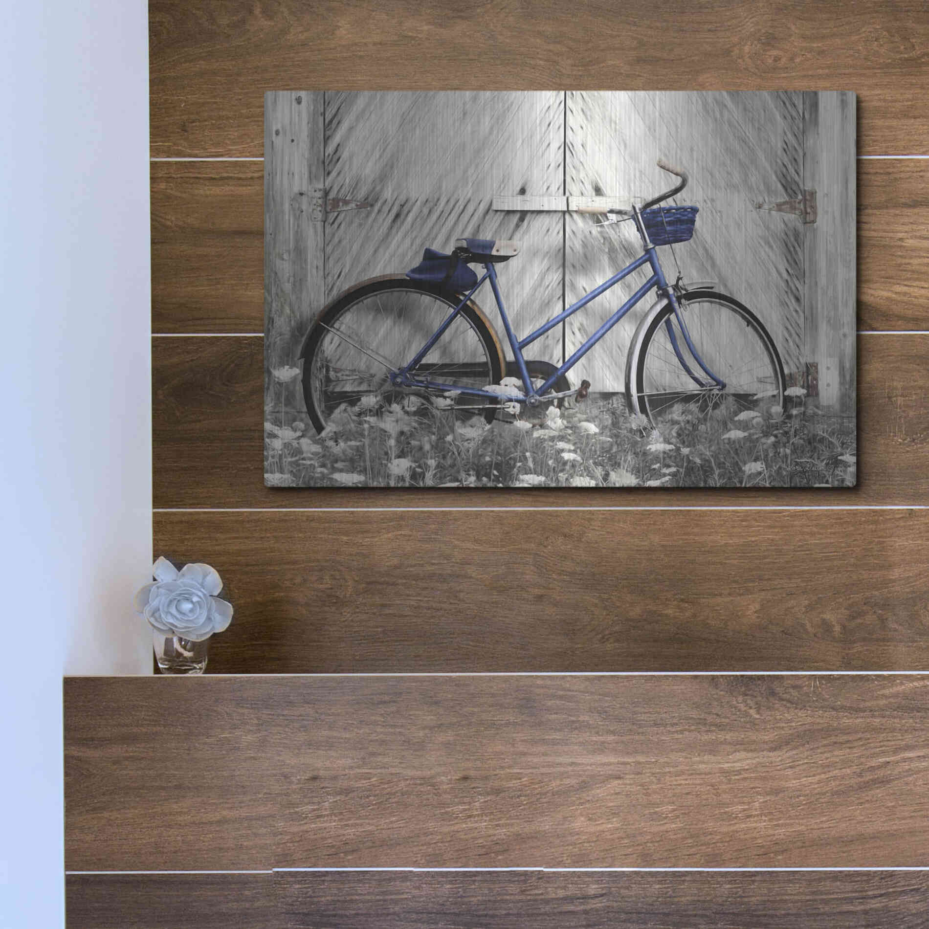 Luxe Metal Art 'Blue Bike at Barn' by Lori Deiter, Metal Wall Art,16x12