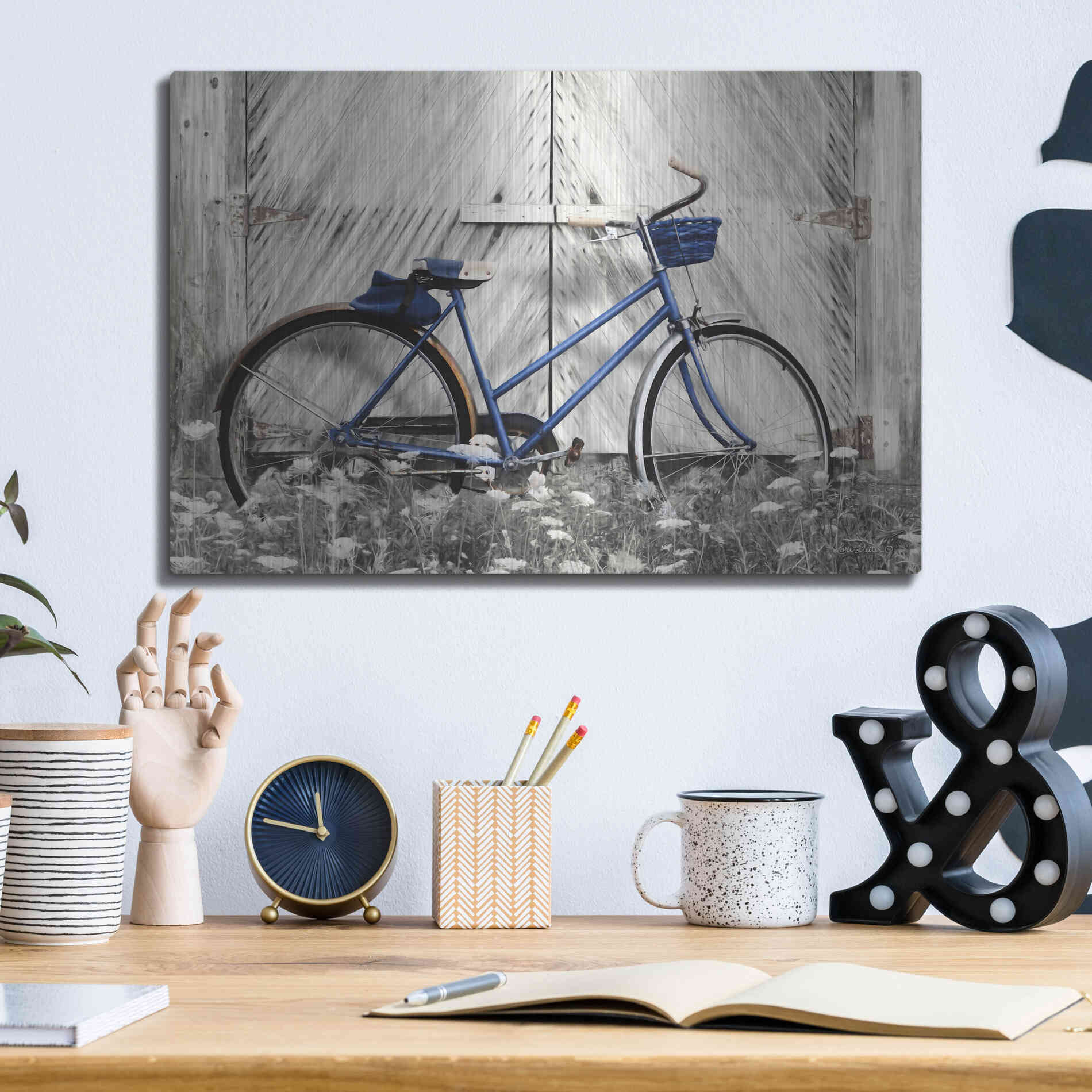 Luxe Metal Art 'Blue Bike at Barn' by Lori Deiter, Metal Wall Art,16x12