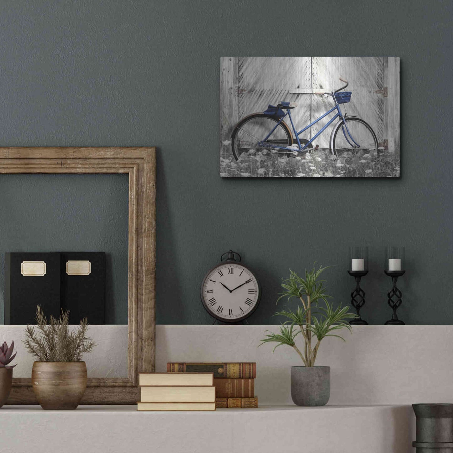 Luxe Metal Art 'Blue Bike at Barn' by Lori Deiter, Metal Wall Art,16x12