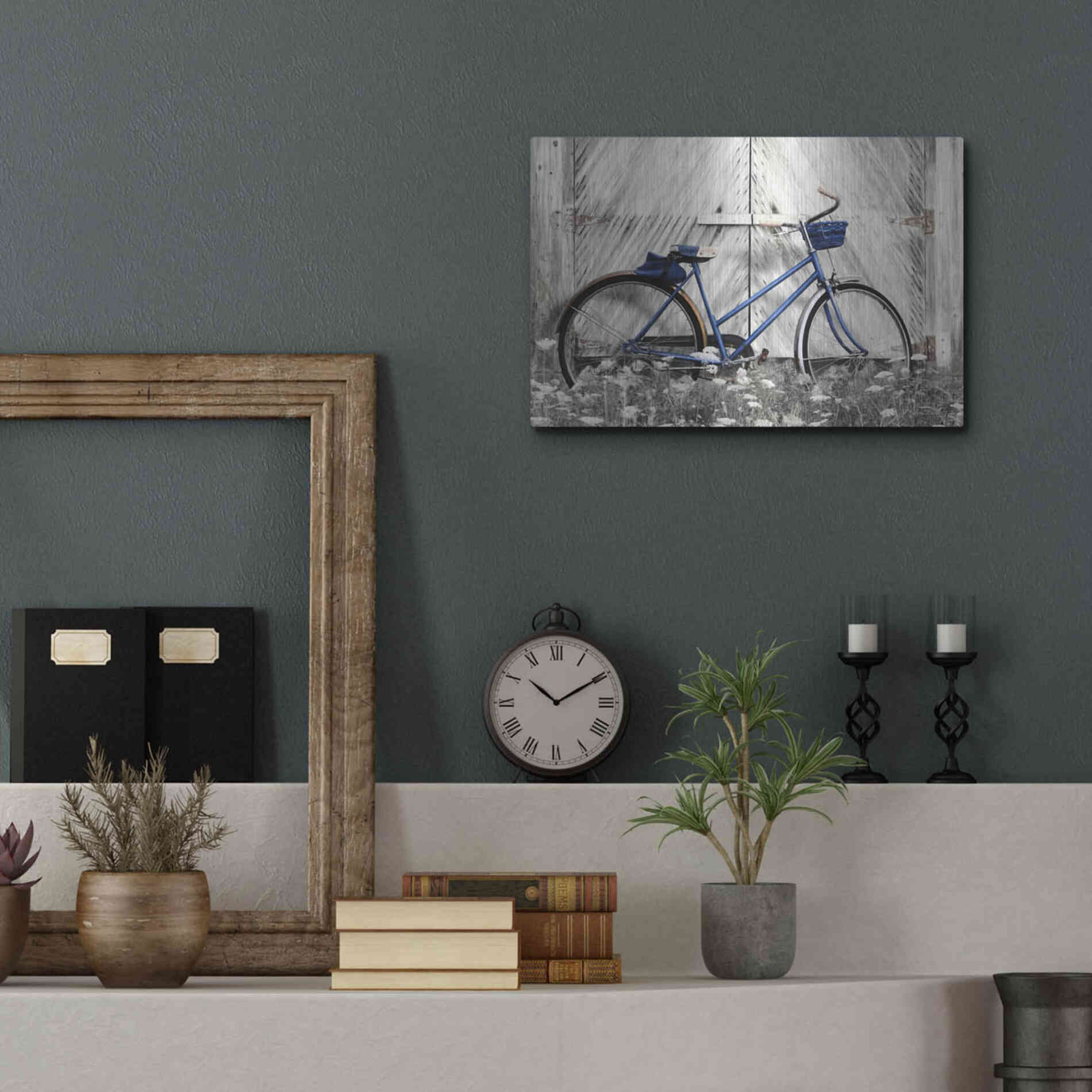 Luxe Metal Art 'Blue Bike at Barn' by Lori Deiter, Metal Wall Art,16x12