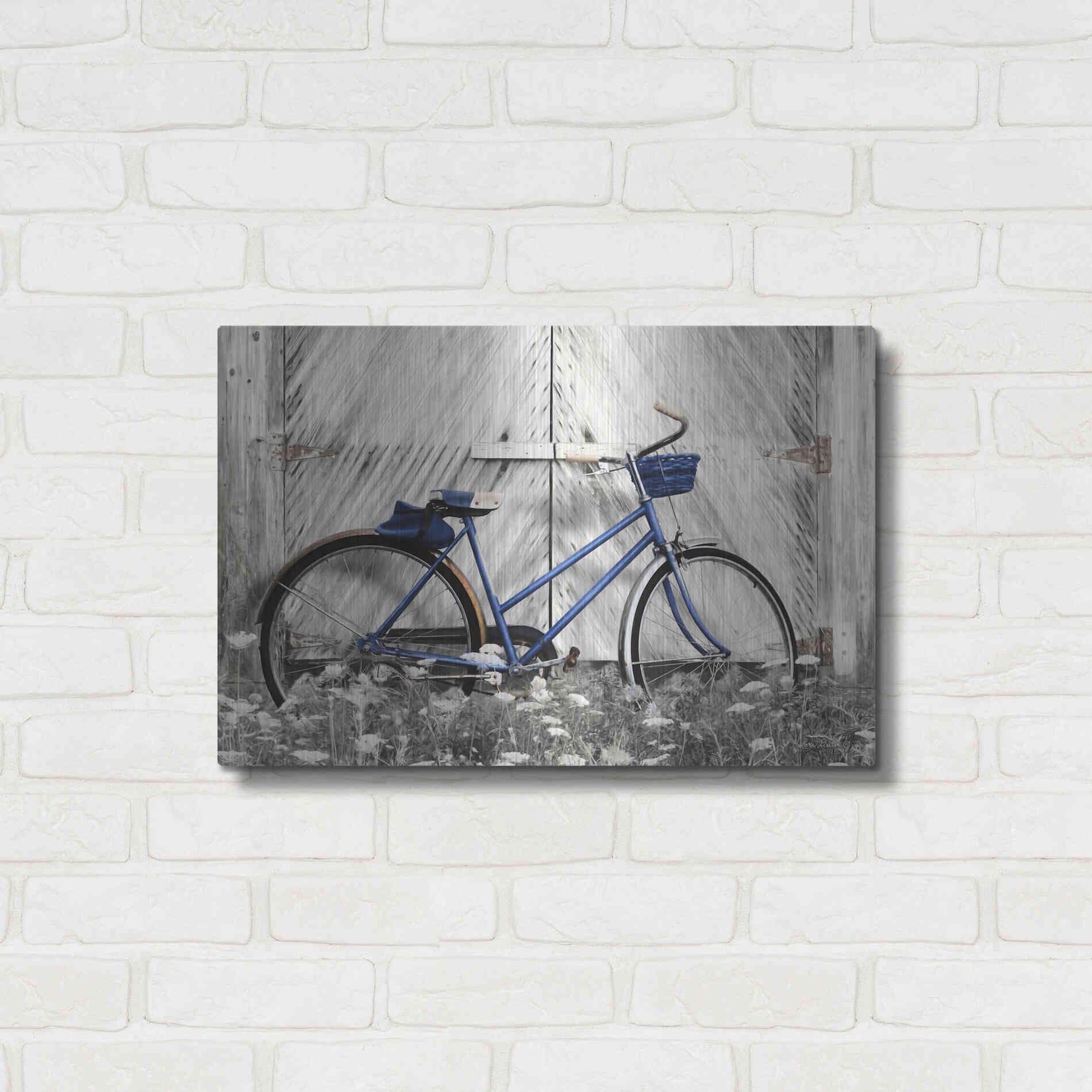 Luxe Metal Art 'Blue Bike at Barn' by Lori Deiter, Metal Wall Art,24x16