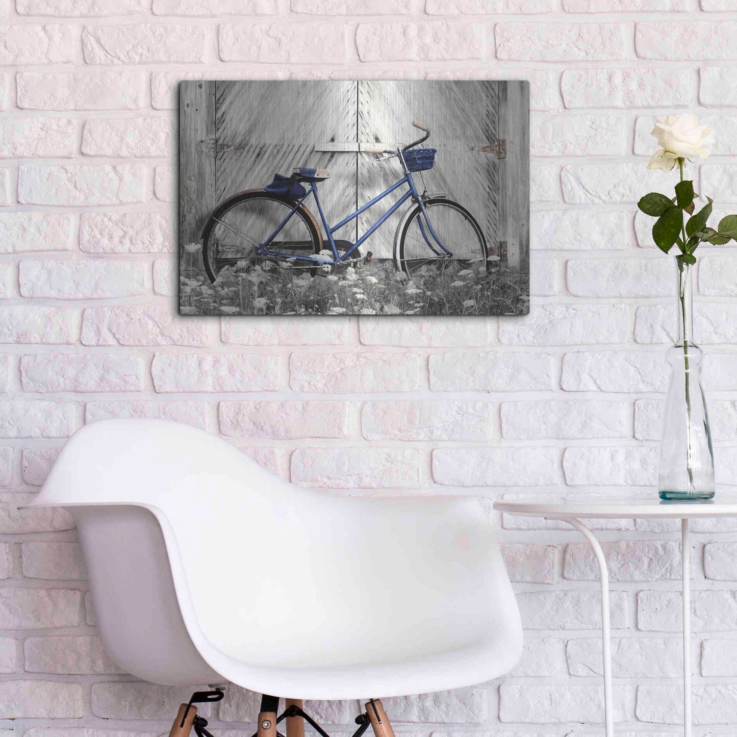 Luxe Metal Art 'Blue Bike at Barn' by Lori Deiter, Metal Wall Art,24x16