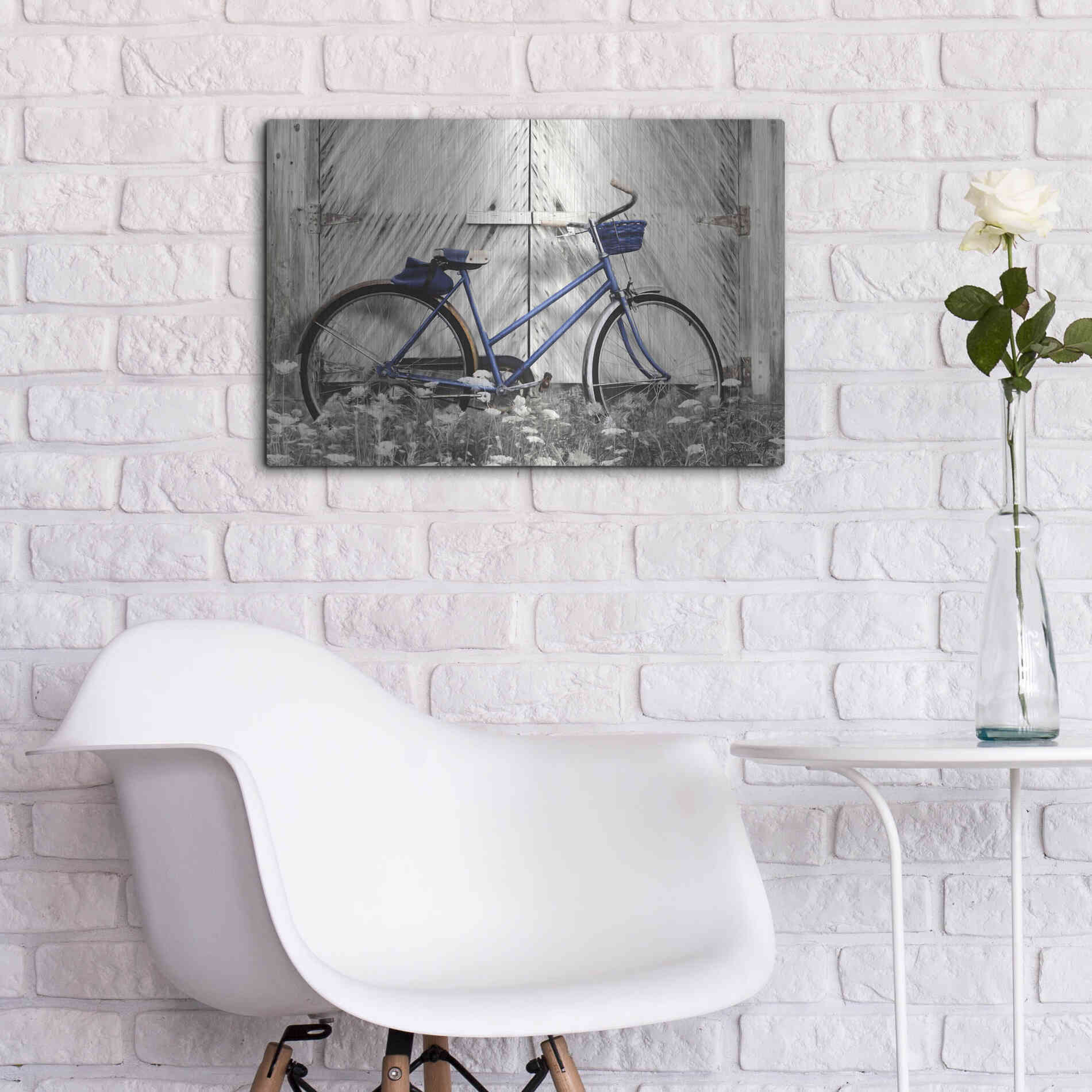 Luxe Metal Art 'Blue Bike at Barn' by Lori Deiter, Metal Wall Art,24x16