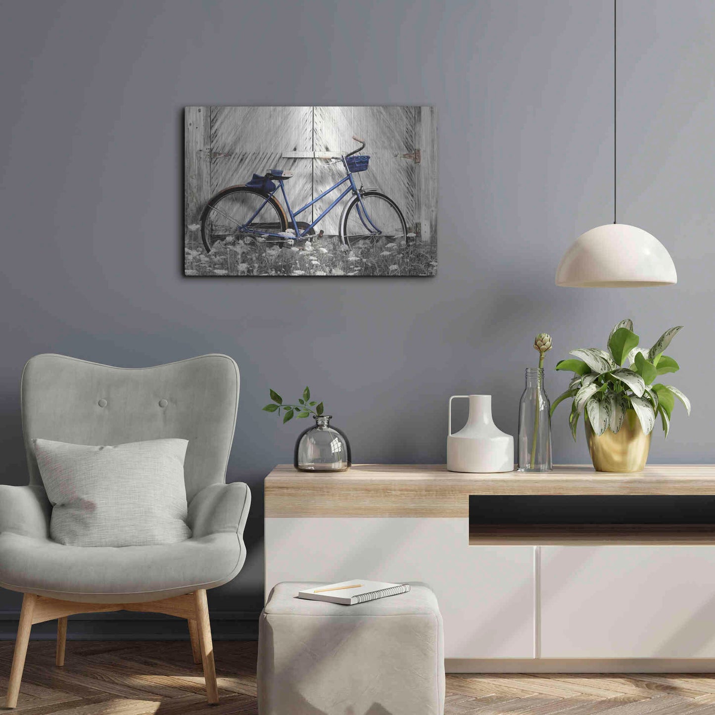 Luxe Metal Art 'Blue Bike at Barn' by Lori Deiter, Metal Wall Art,24x16
