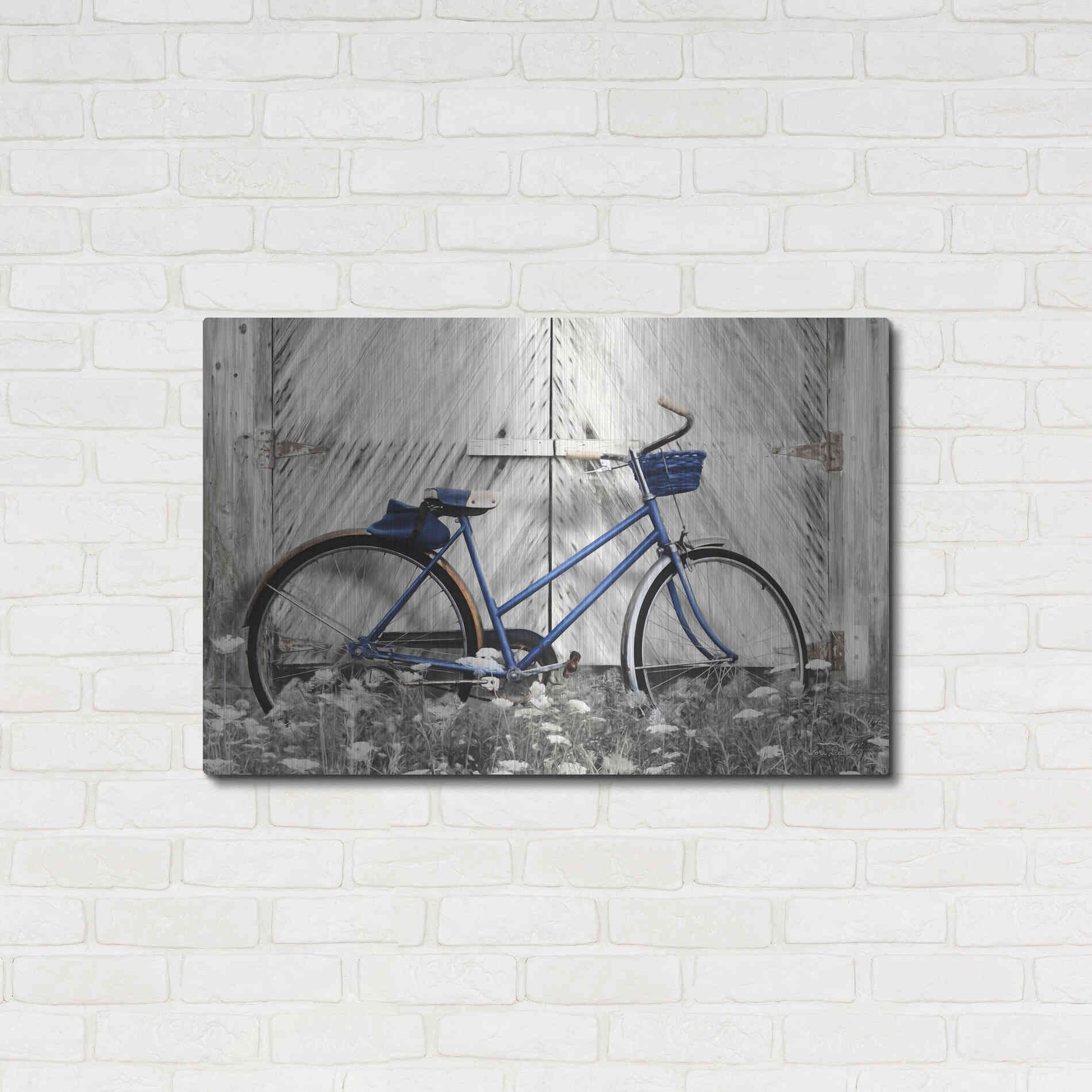 Luxe Metal Art 'Blue Bike at Barn' by Lori Deiter, Metal Wall Art,36x24