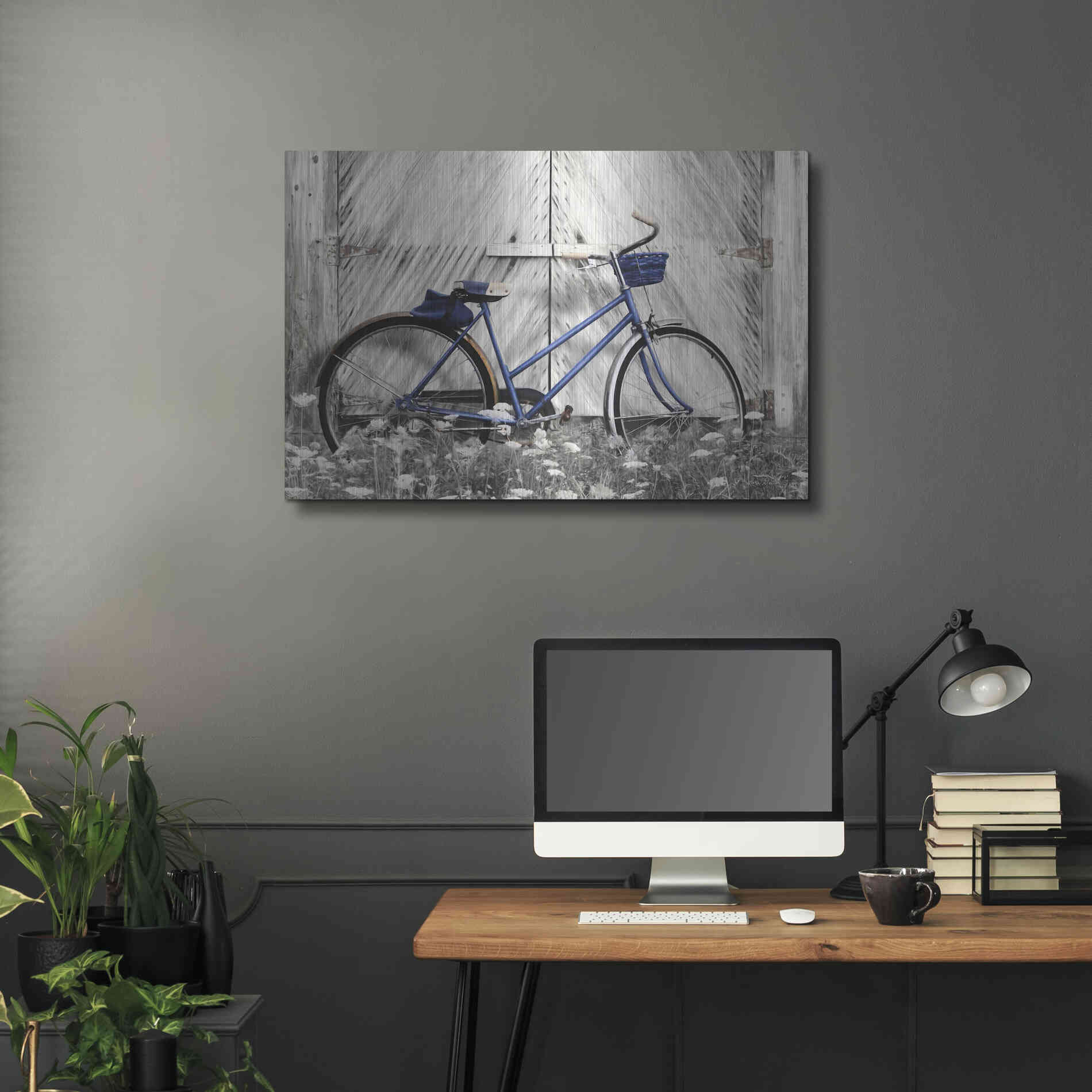 Luxe Metal Art 'Blue Bike at Barn' by Lori Deiter, Metal Wall Art,36x24