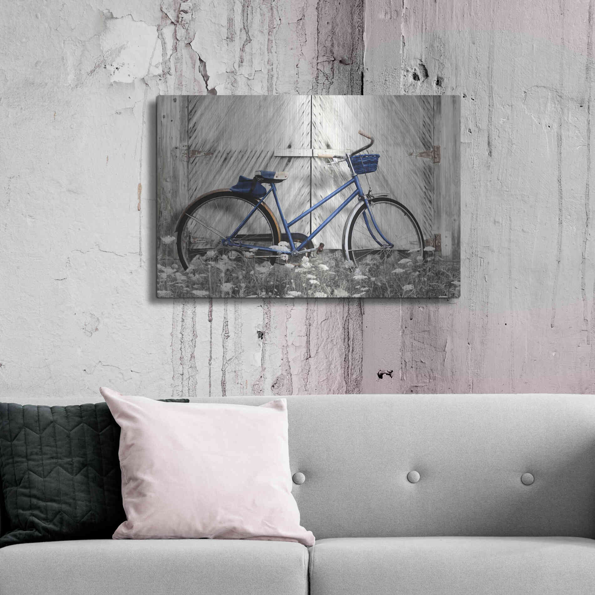 Luxe Metal Art 'Blue Bike at Barn' by Lori Deiter, Metal Wall Art,36x24