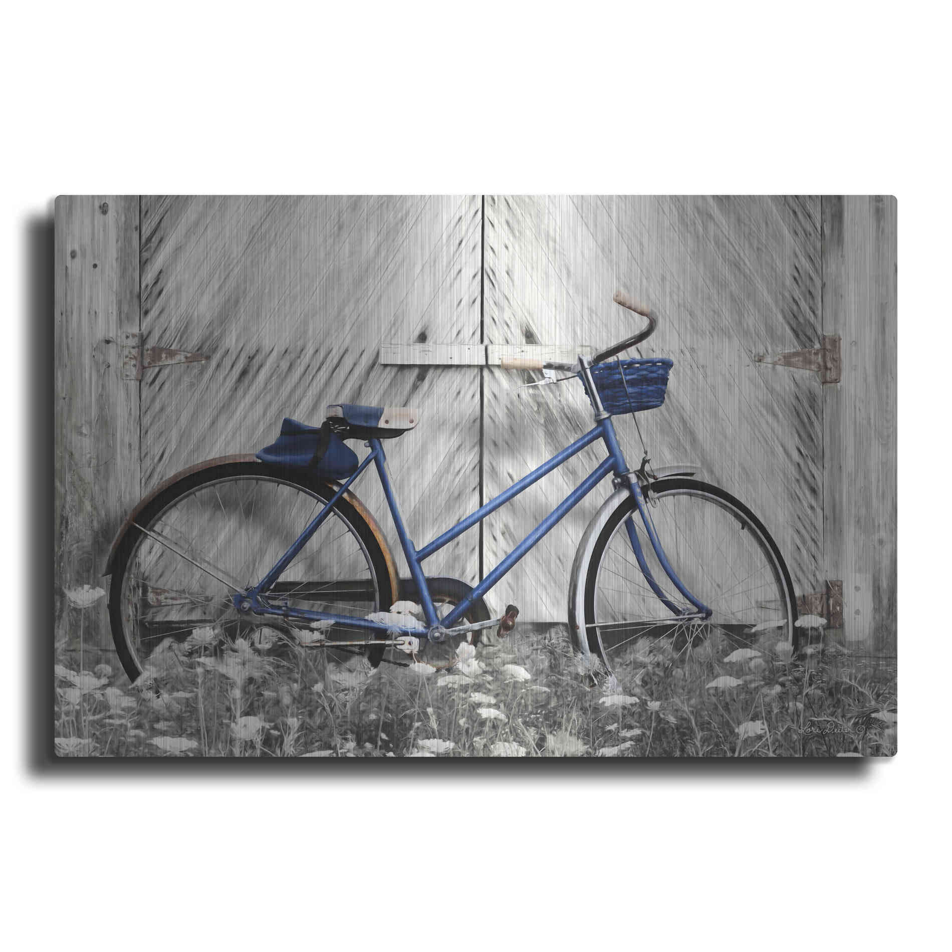 Luxe Metal Art 'Blue Bike at Barn' by Lori Deiter, Metal Wall Art