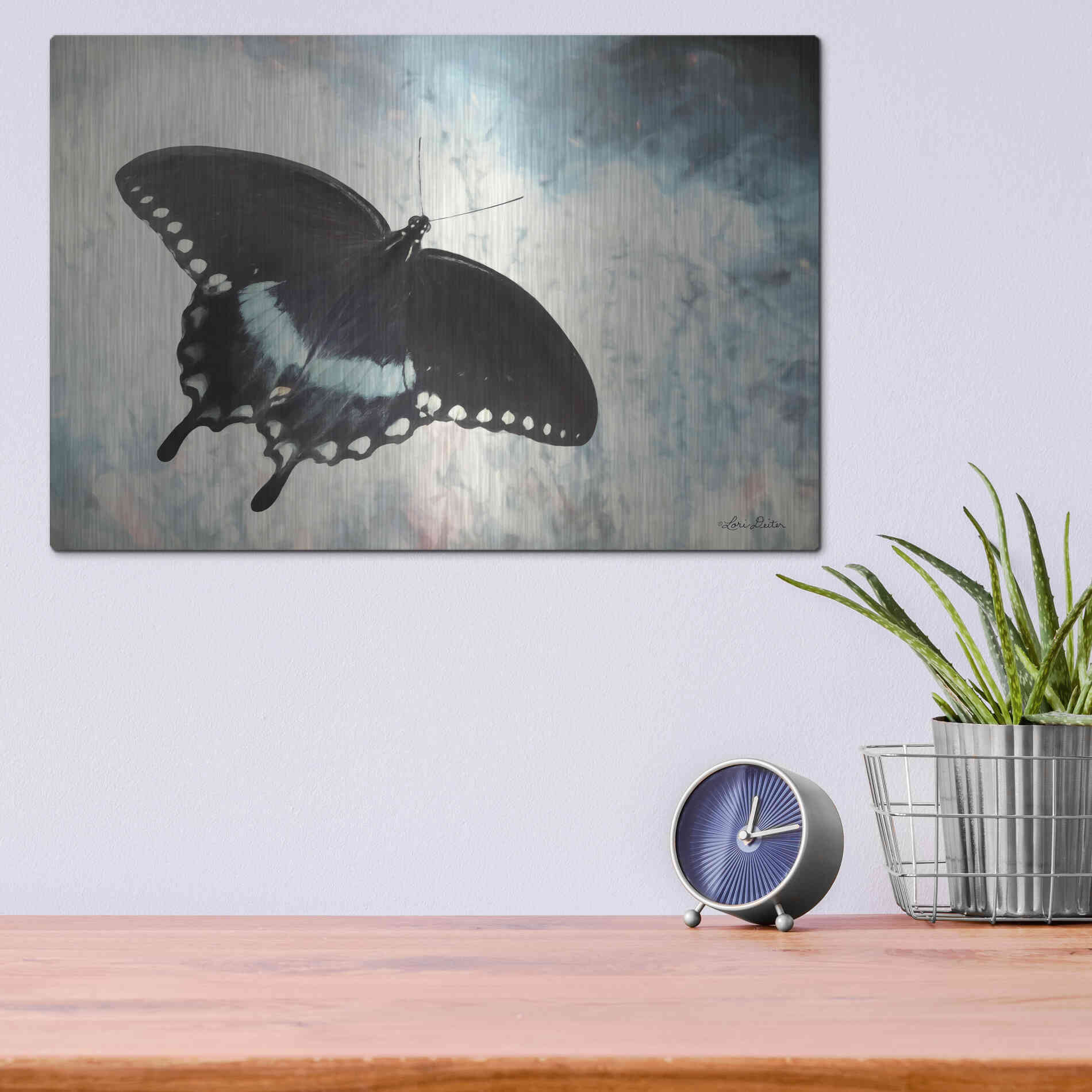 Luxe Metal Art 'Teal Butterfly I' by Lori Deiter, Metal Wall Art,16x12