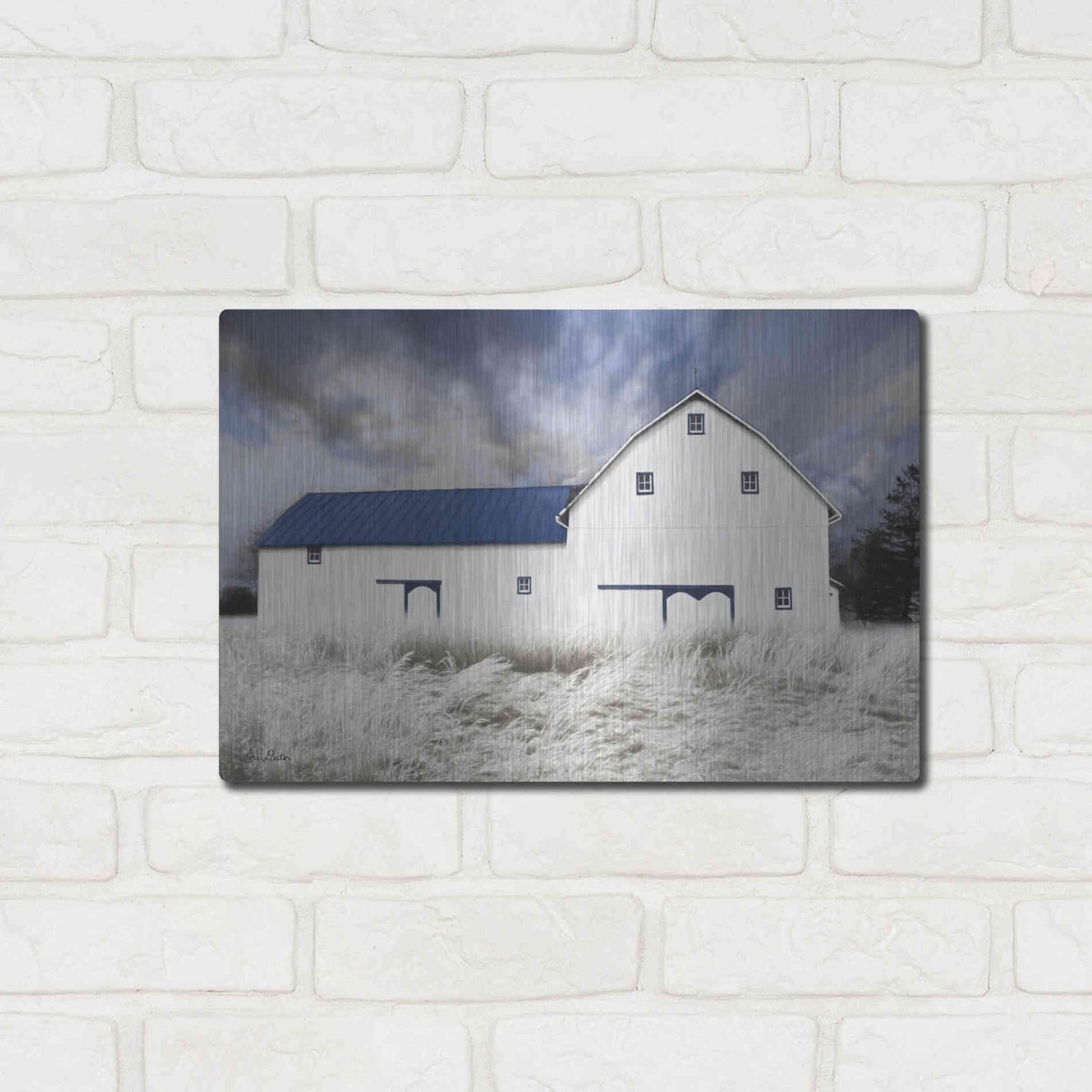 Luxe Metal Art 'Blue Trimmed Barn' by Lori Deiter, Metal Wall Art,16x12