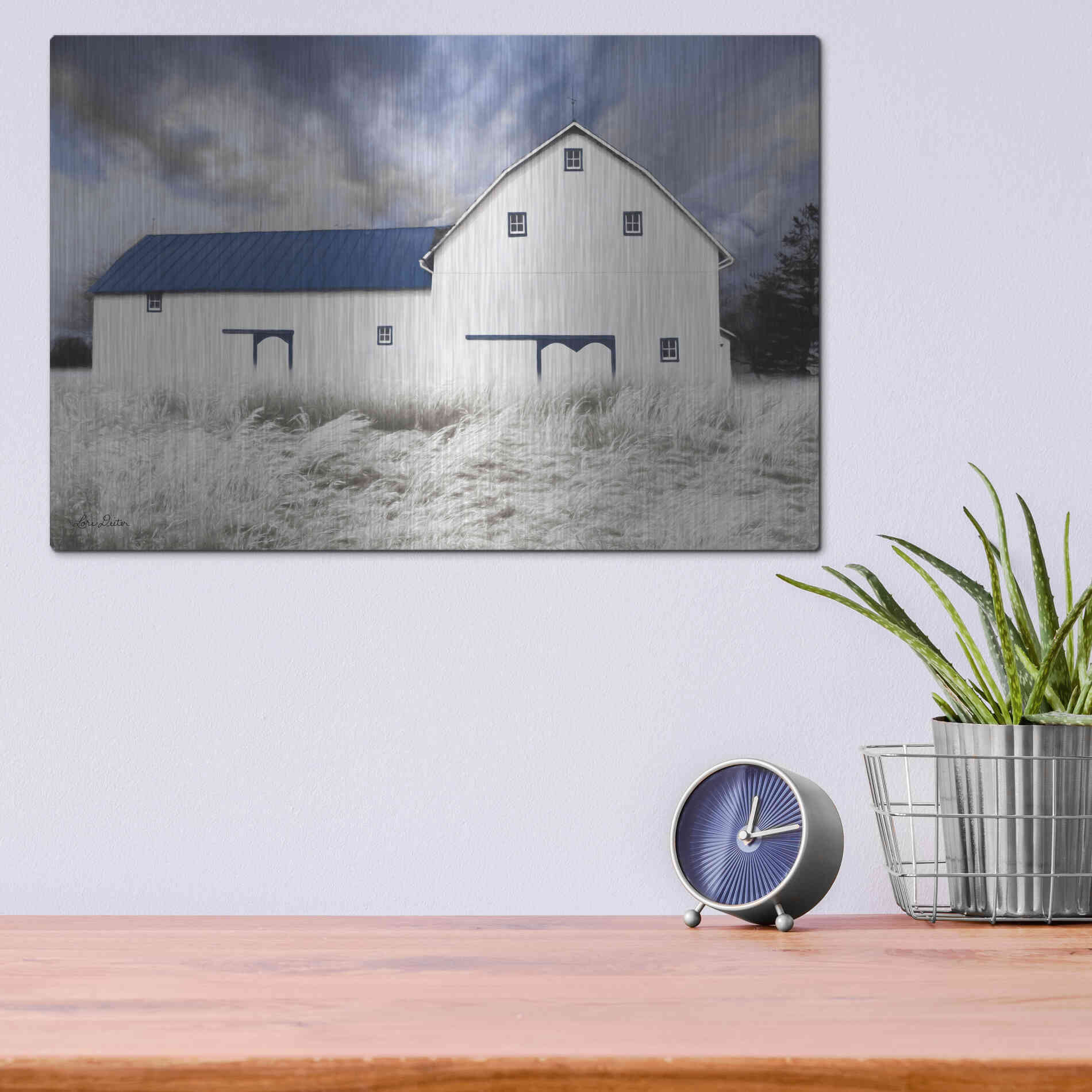 Luxe Metal Art 'Blue Trimmed Barn' by Lori Deiter, Metal Wall Art,16x12