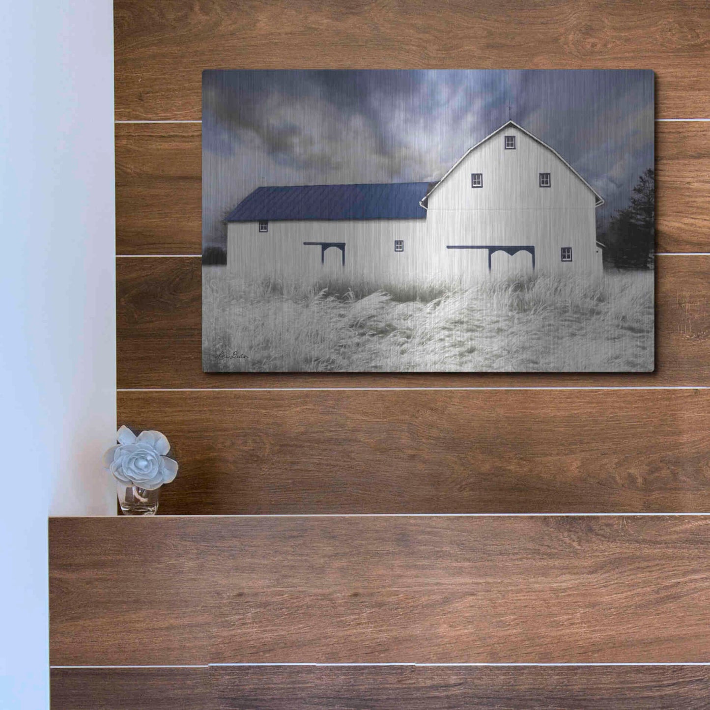 Luxe Metal Art 'Blue Trimmed Barn' by Lori Deiter, Metal Wall Art,16x12