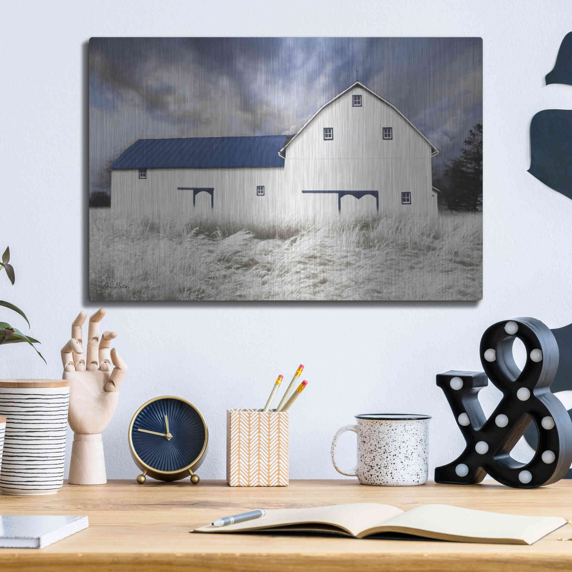 Luxe Metal Art 'Blue Trimmed Barn' by Lori Deiter, Metal Wall Art,16x12