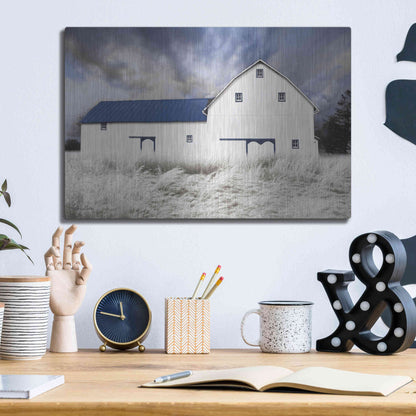 Luxe Metal Art 'Blue Trimmed Barn' by Lori Deiter, Metal Wall Art,16x12