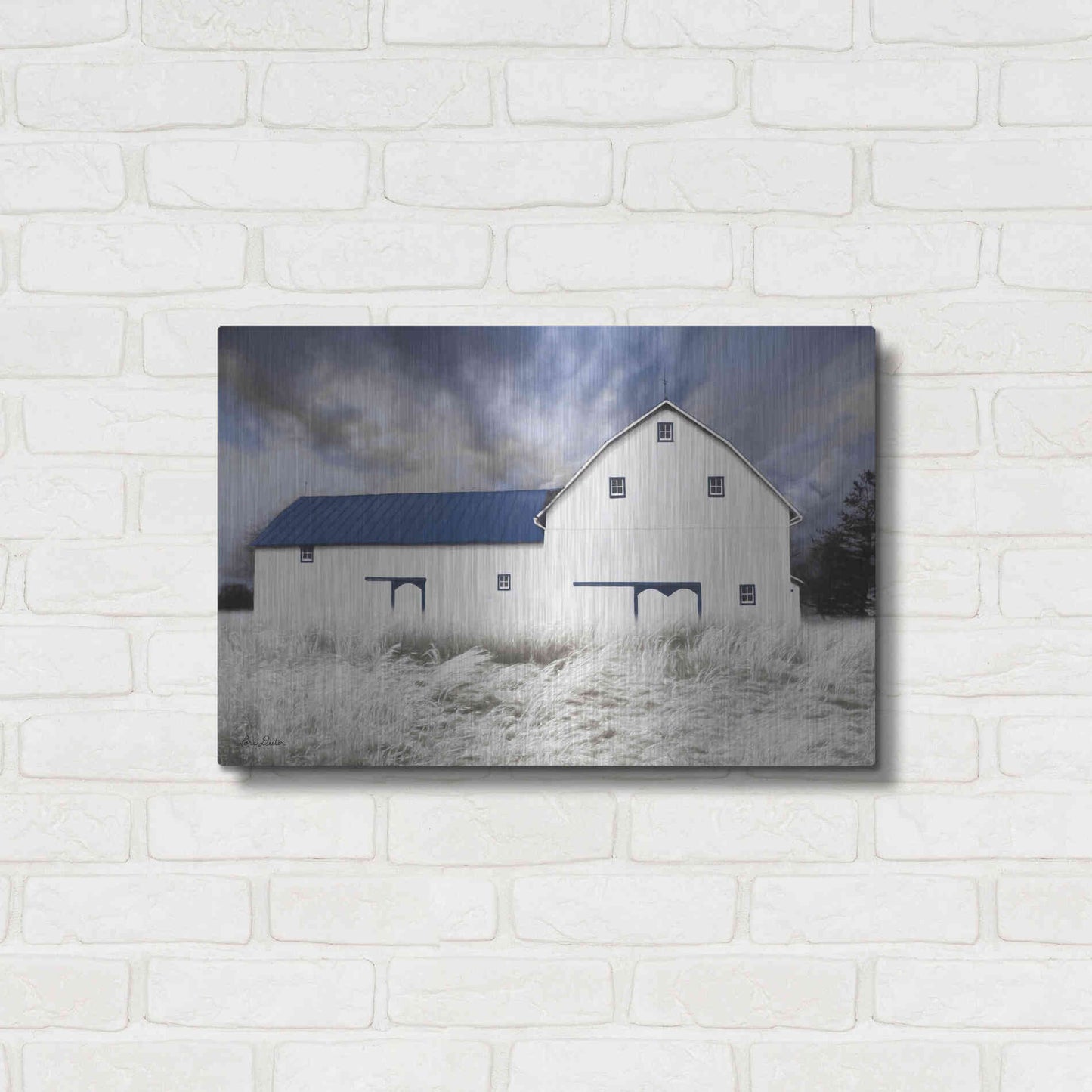 Luxe Metal Art 'Blue Trimmed Barn' by Lori Deiter, Metal Wall Art,24x16