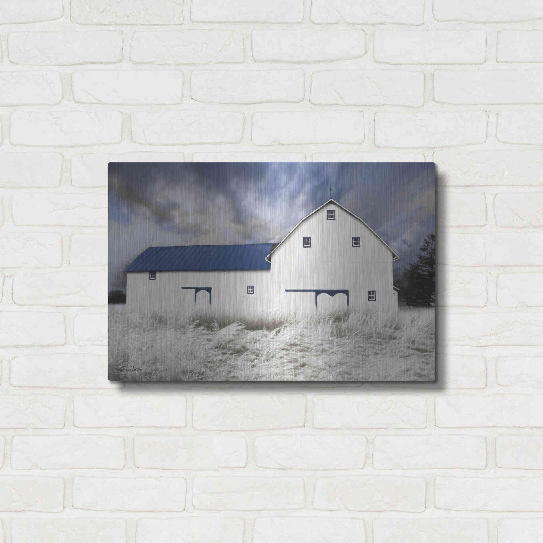 Luxe Metal Art 'Blue Trimmed Barn' by Lori Deiter, Metal Wall Art,24x16