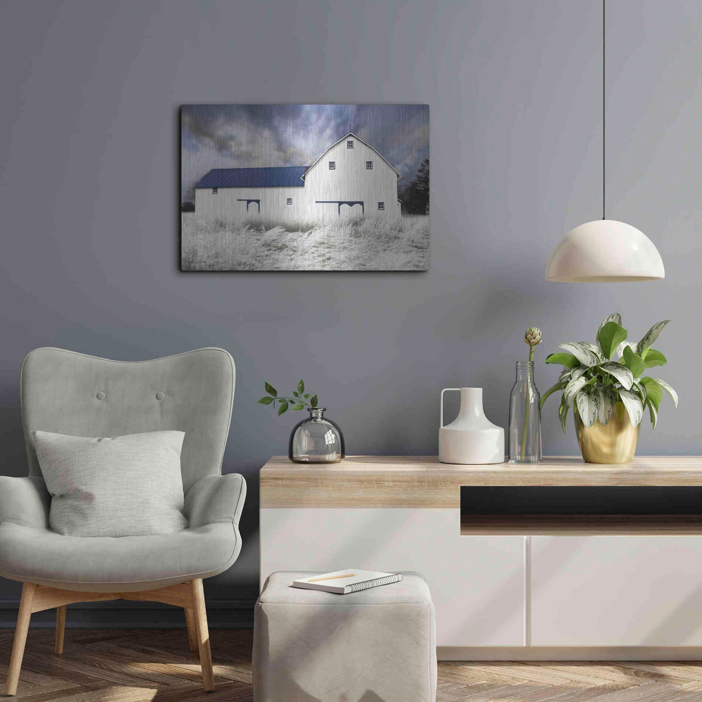 Luxe Metal Art 'Blue Trimmed Barn' by Lori Deiter, Metal Wall Art,24x16