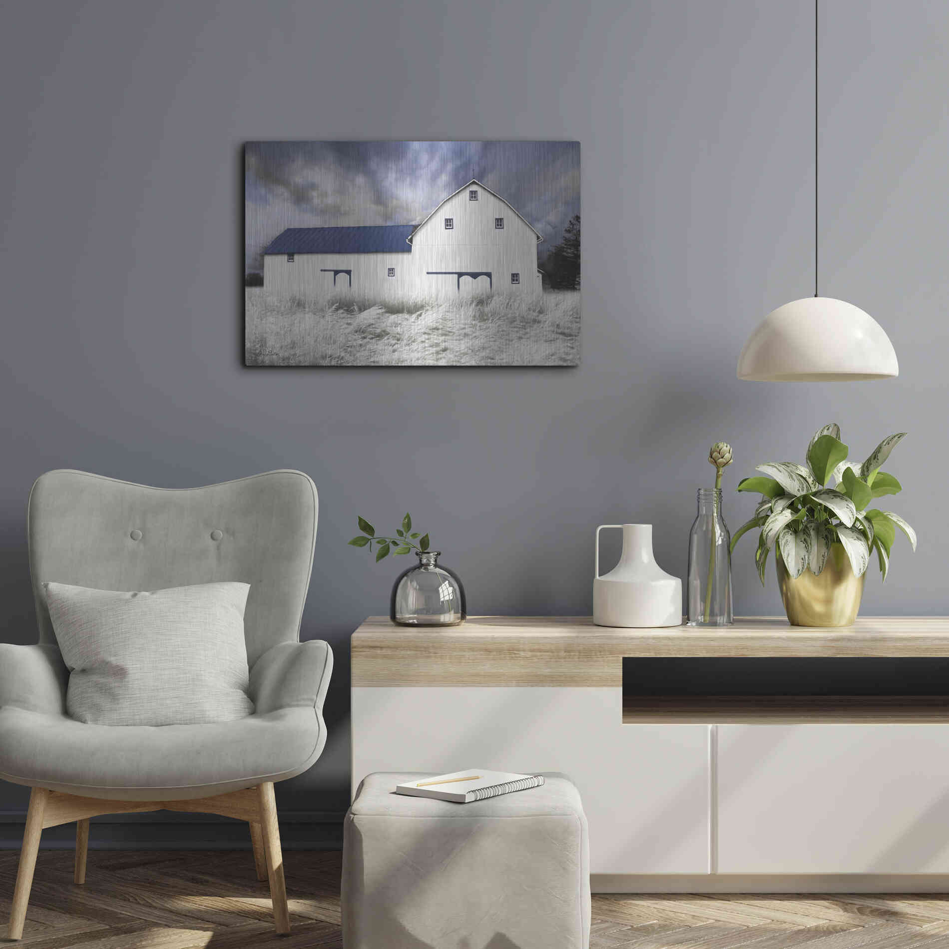 Luxe Metal Art 'Blue Trimmed Barn' by Lori Deiter, Metal Wall Art,24x16