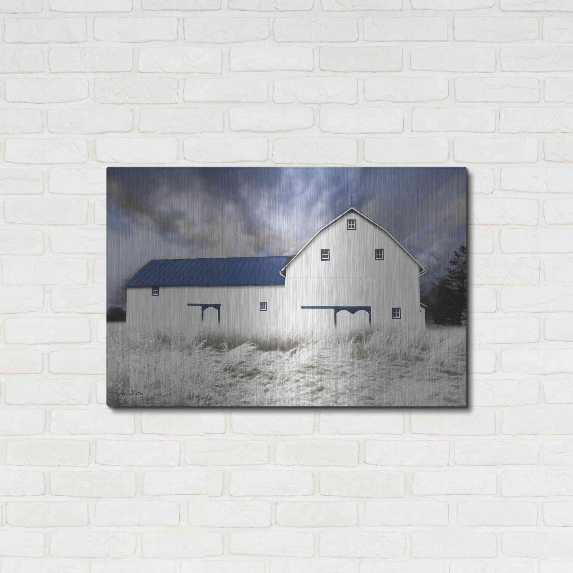 Luxe Metal Art 'Blue Trimmed Barn' by Lori Deiter, Metal Wall Art,36x24