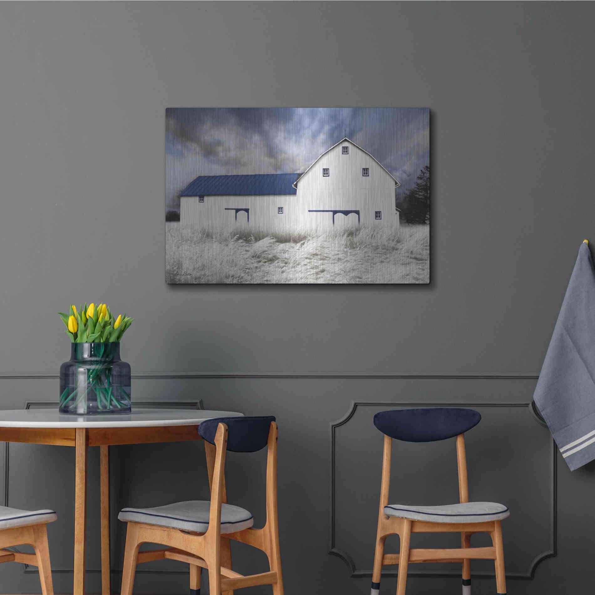 Luxe Metal Art 'Blue Trimmed Barn' by Lori Deiter, Metal Wall Art,36x24