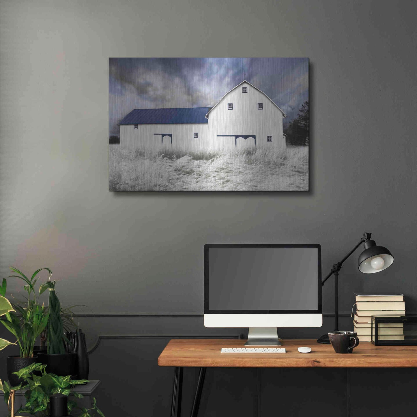 Luxe Metal Art 'Blue Trimmed Barn' by Lori Deiter, Metal Wall Art,36x24