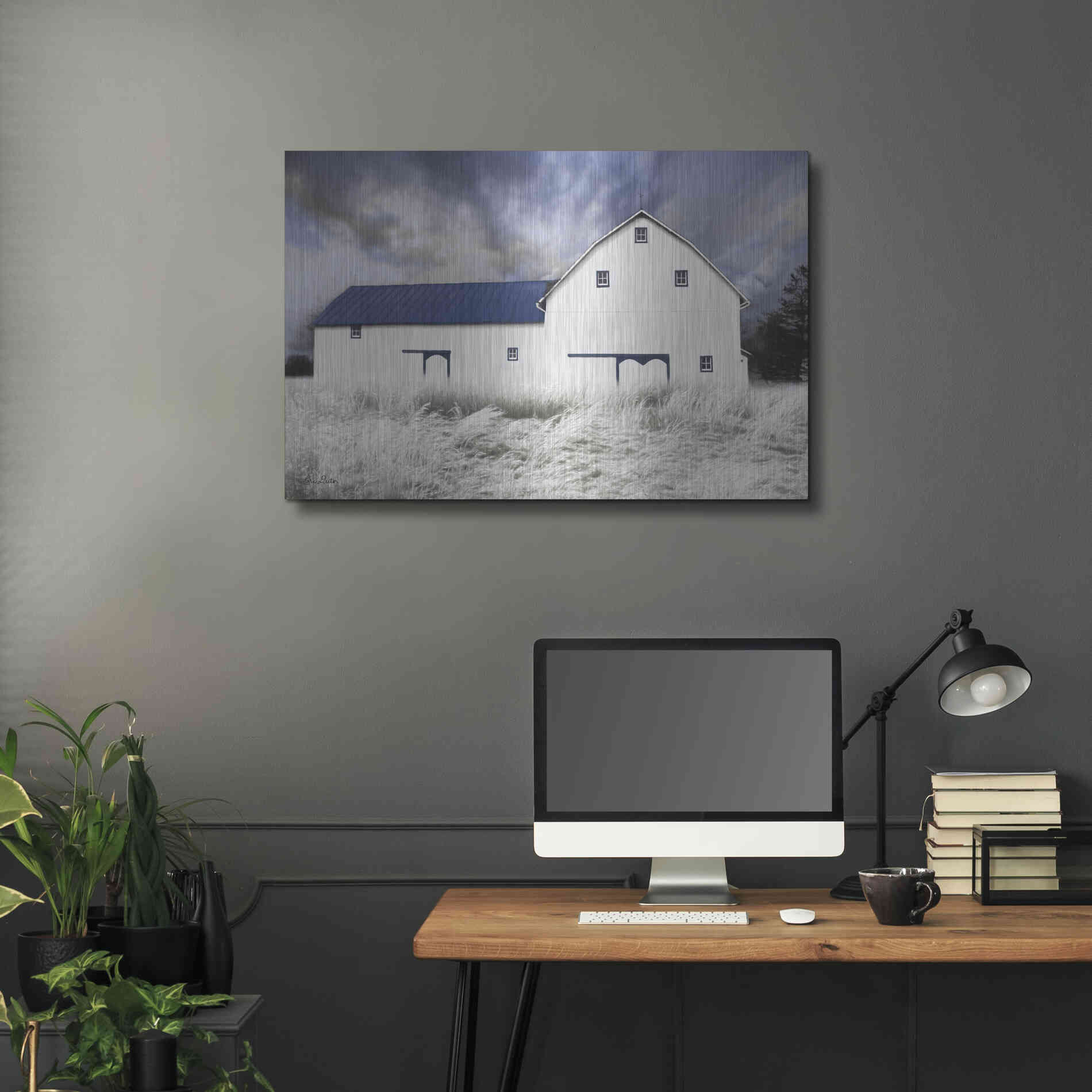 Luxe Metal Art 'Blue Trimmed Barn' by Lori Deiter, Metal Wall Art,36x24