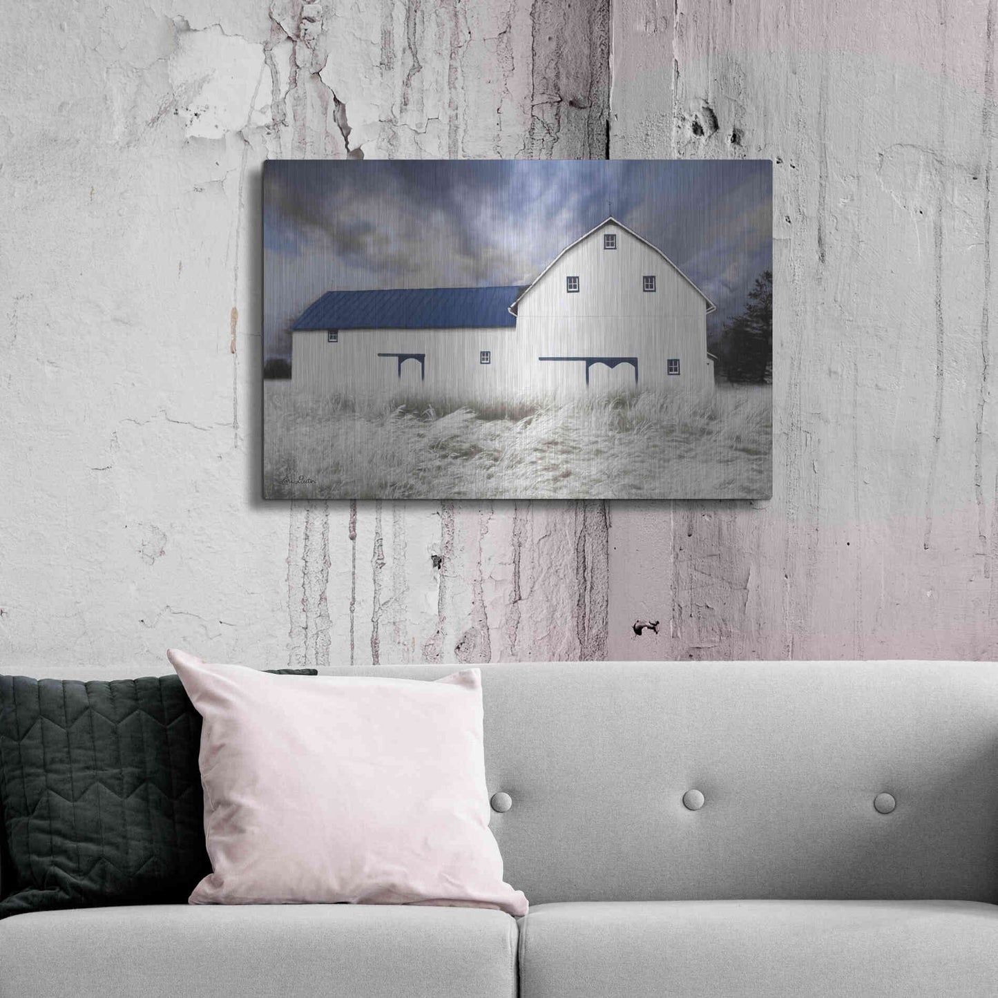 Luxe Metal Art 'Blue Trimmed Barn' by Lori Deiter, Metal Wall Art,36x24