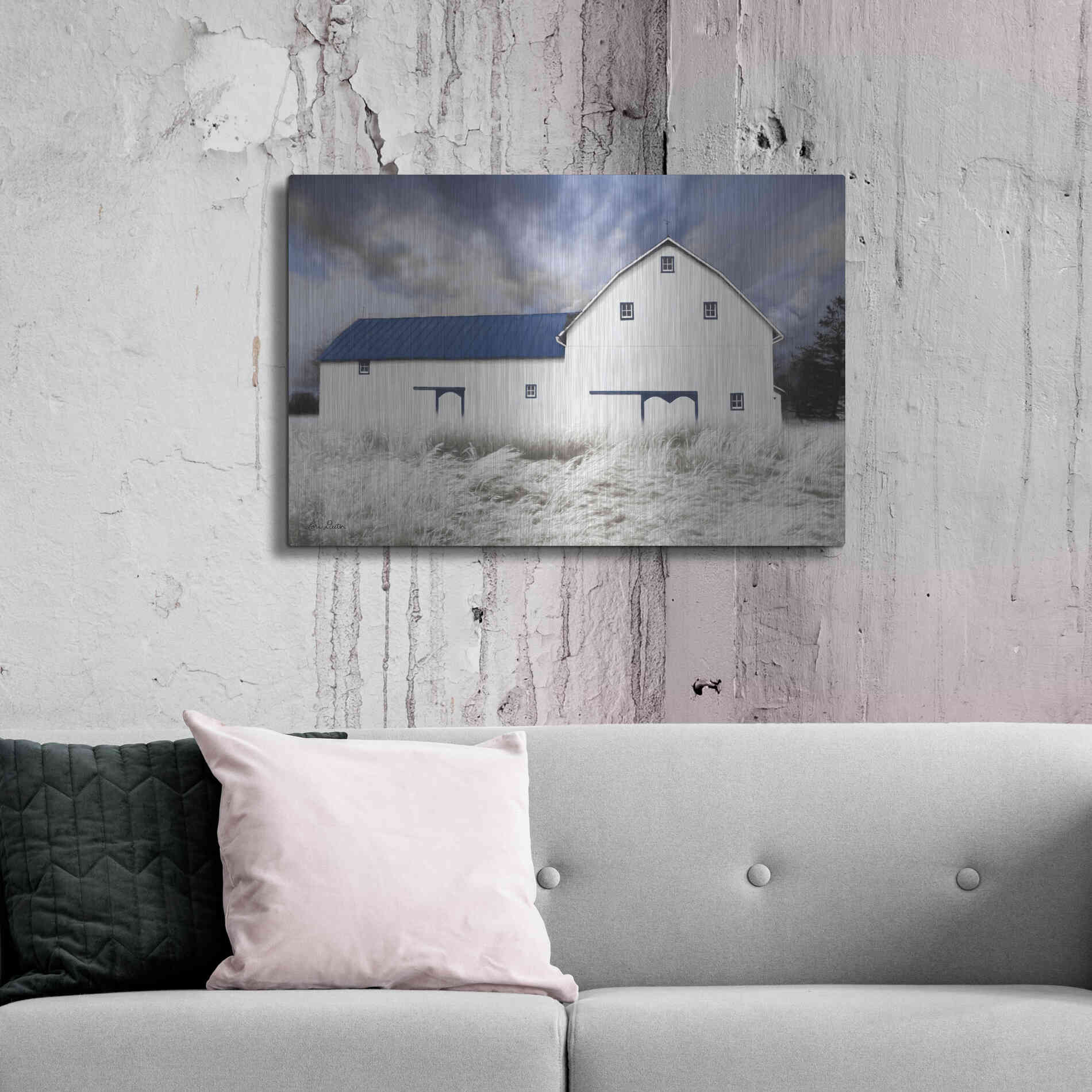 Luxe Metal Art 'Blue Trimmed Barn' by Lori Deiter, Metal Wall Art,36x24