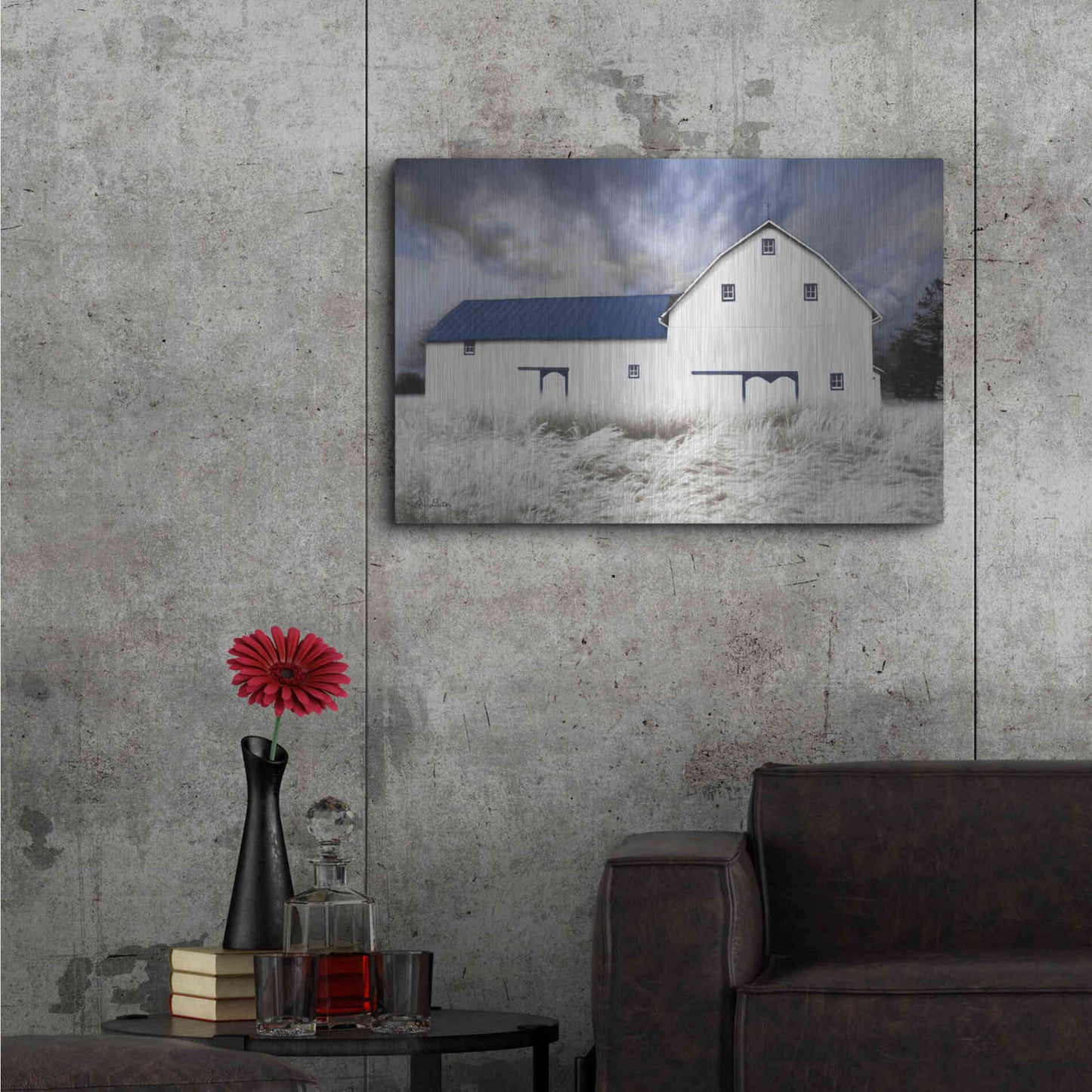 Luxe Metal Art 'Blue Trimmed Barn' by Lori Deiter, Metal Wall Art,36x24