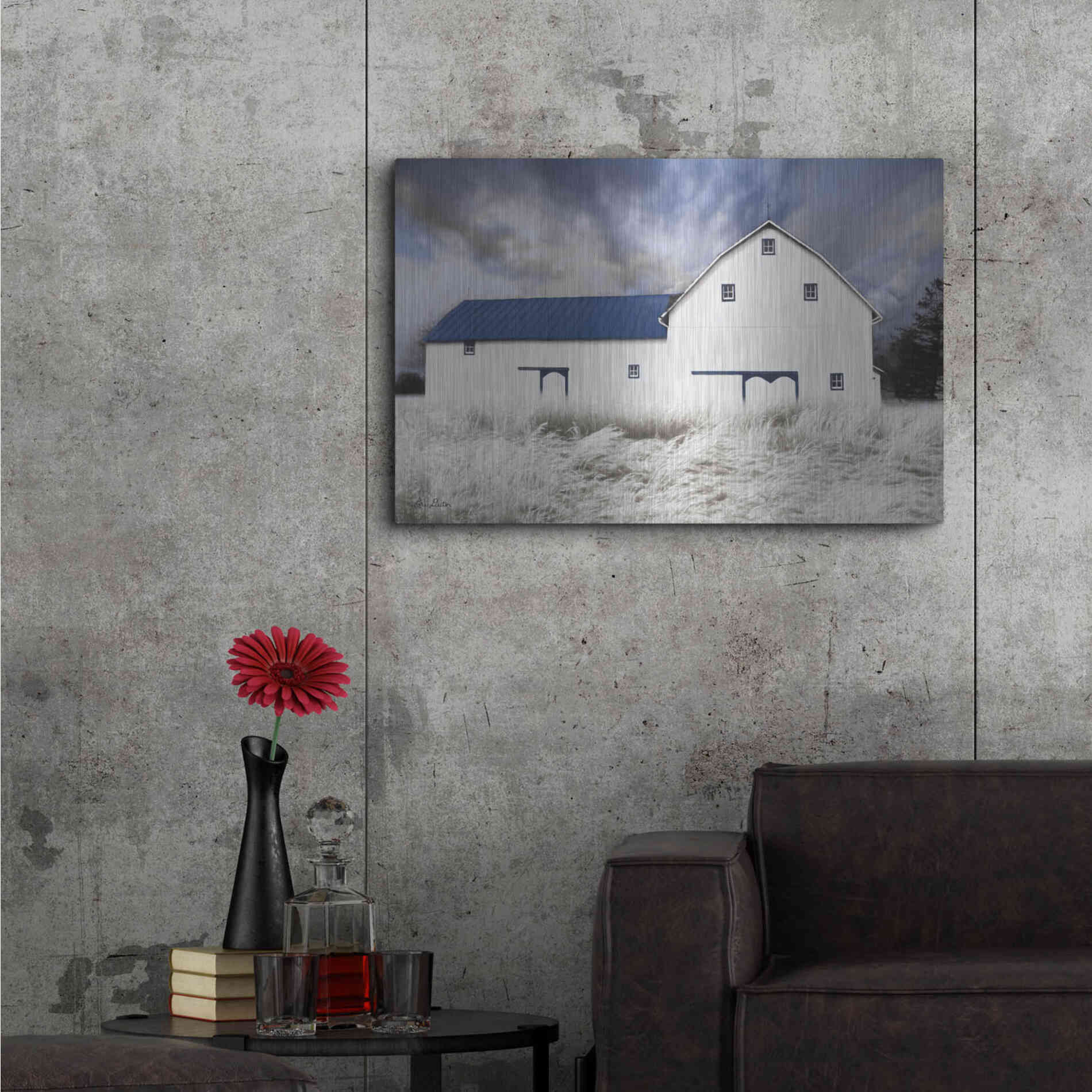 Luxe Metal Art 'Blue Trimmed Barn' by Lori Deiter, Metal Wall Art,36x24