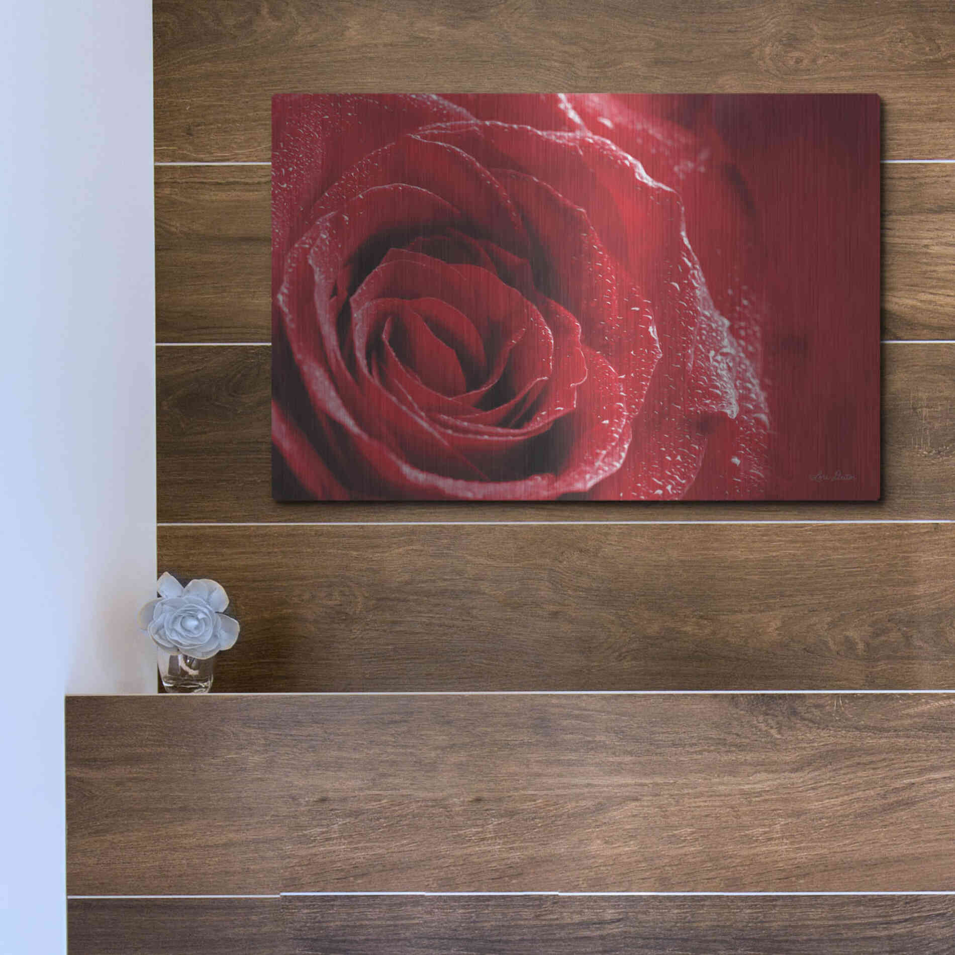 Luxe Metal Art 'Red Rose After Rain' by Lori Deiter, Metal Wall Art,16x12