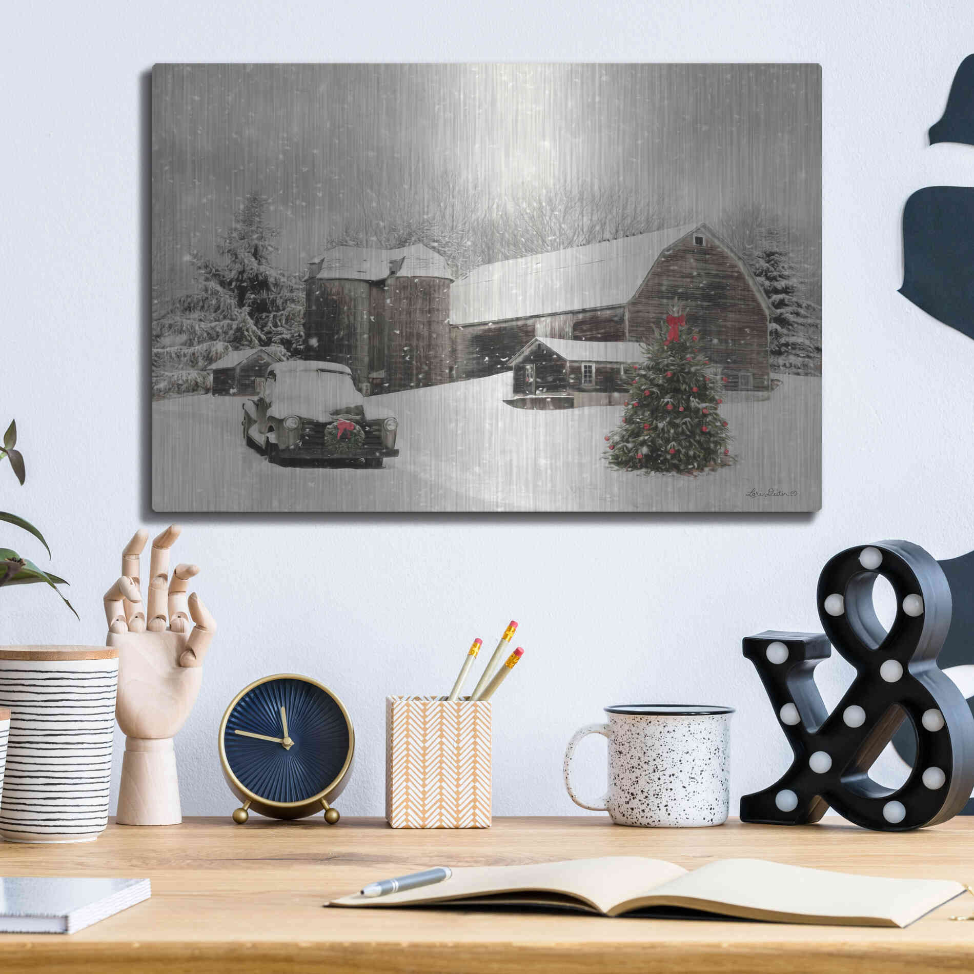 Luxe Metal Art 'Farmhouse Christmas' by Lori Deiter, Metal Wall Art,16x12