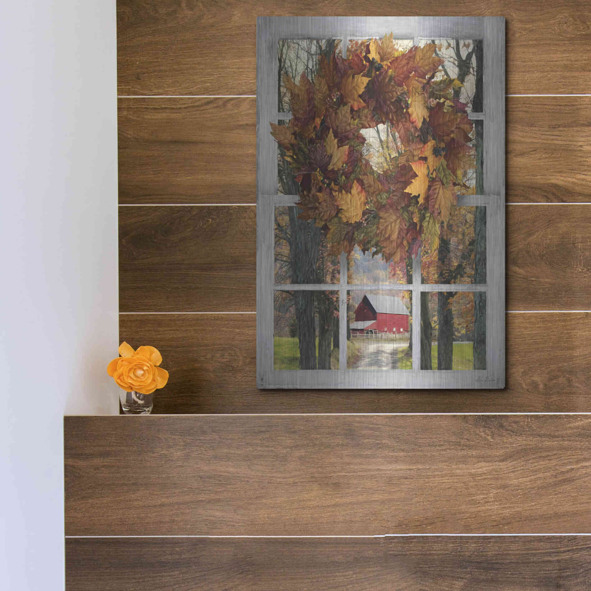 Luxe Metal Art 'Fall Window View II' by Lori Deiter, Metal Wall Art,12x16