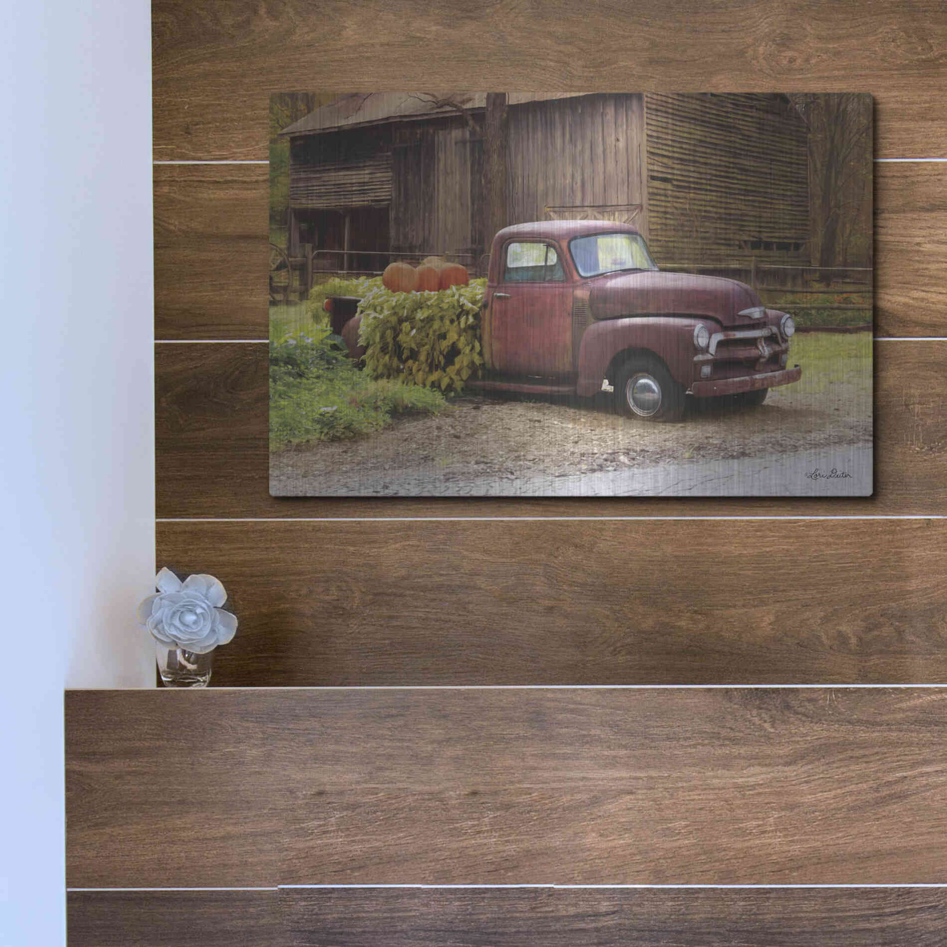 Luxe Metal Art 'Fall Pumpkin Truck' by Lori Deiter, Metal Wall Art,16x12