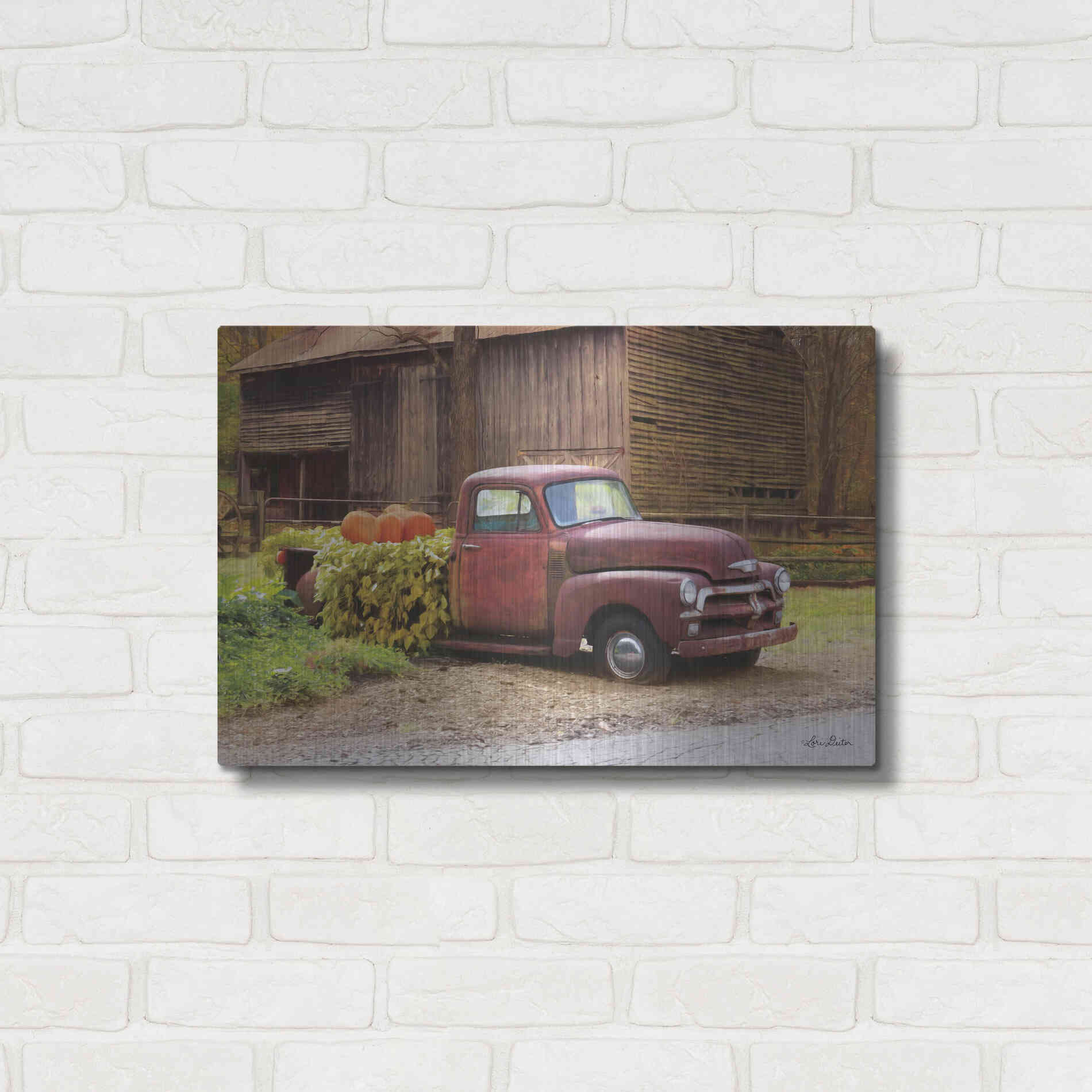 Luxe Metal Art 'Fall Pumpkin Truck' by Lori Deiter, Metal Wall Art,24x16