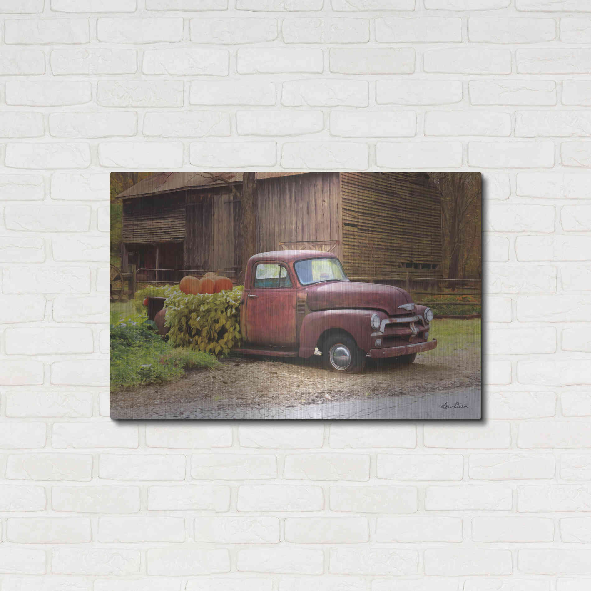 Luxe Metal Art 'Fall Pumpkin Truck' by Lori Deiter, Metal Wall Art,36x24