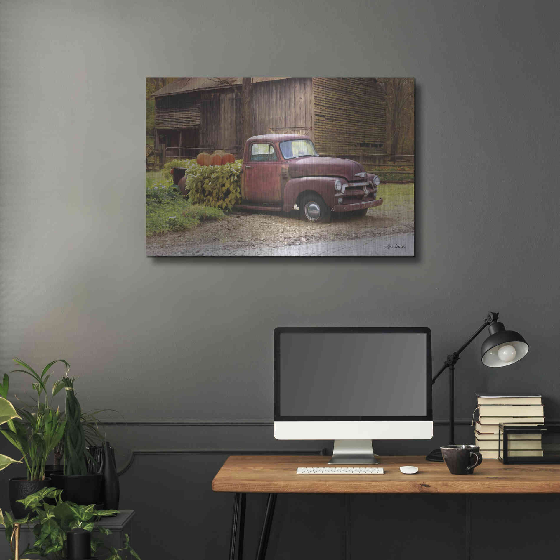 Luxe Metal Art 'Fall Pumpkin Truck' by Lori Deiter, Metal Wall Art,36x24