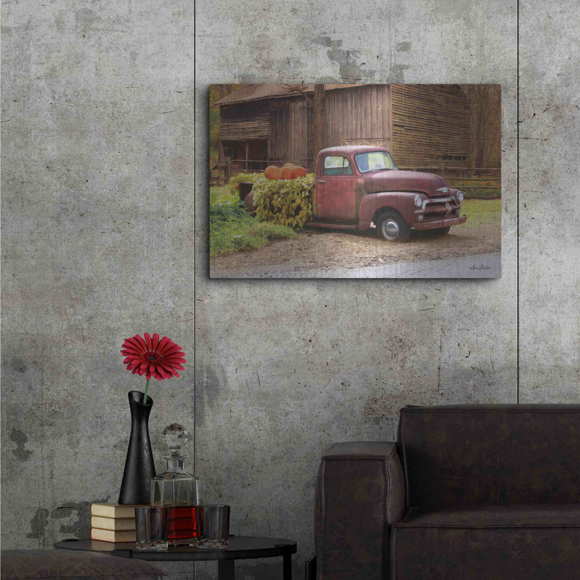 Luxe Metal Art 'Fall Pumpkin Truck' by Lori Deiter, Metal Wall Art,36x24
