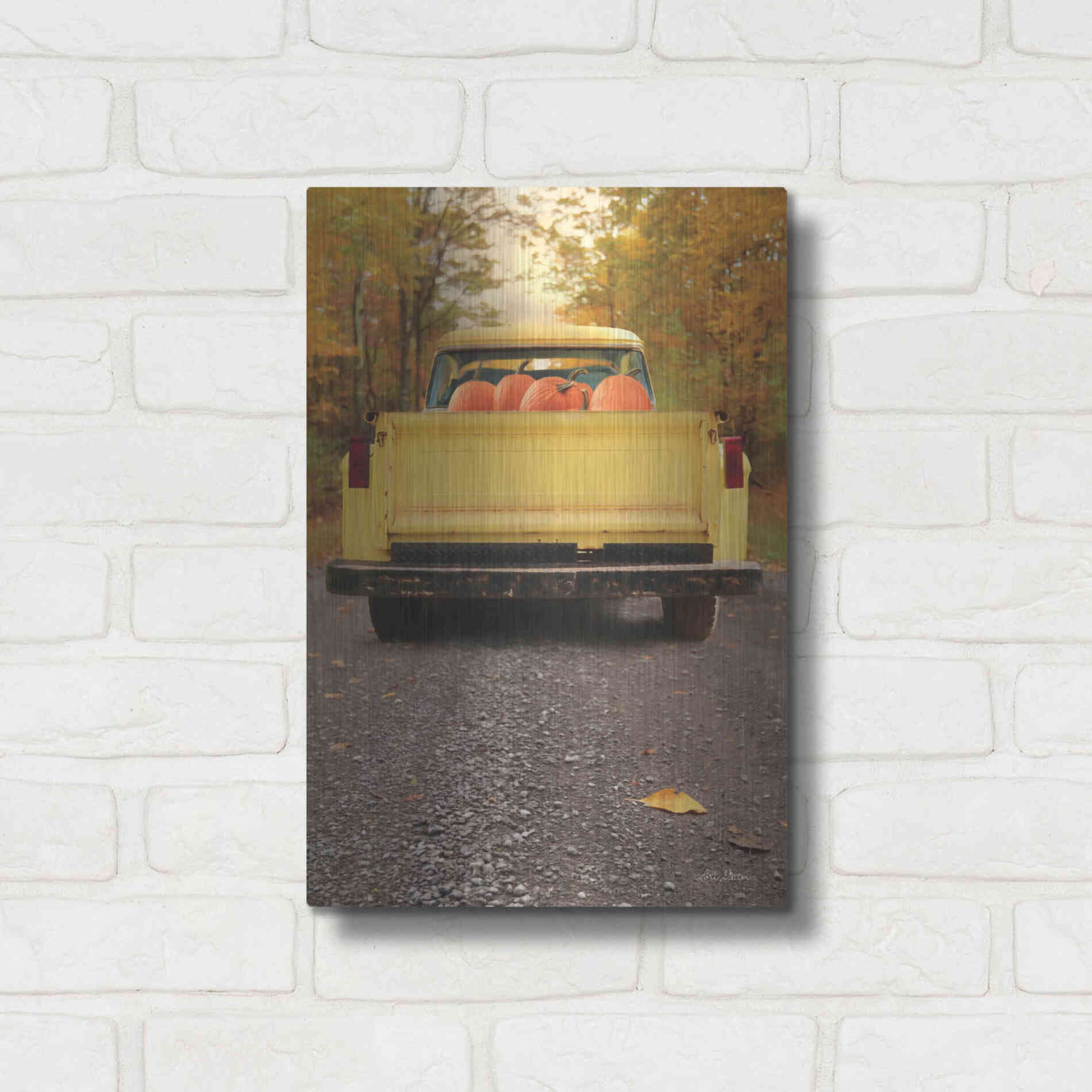 Luxe Metal Art 'Yellow Pumpkin Hauler' by Lori Deiter, Metal Wall Art,12x16