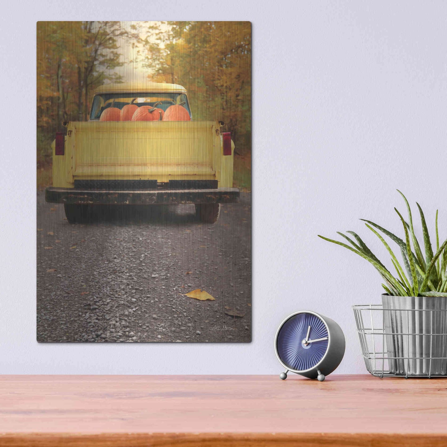 Luxe Metal Art 'Yellow Pumpkin Hauler' by Lori Deiter, Metal Wall Art,12x16