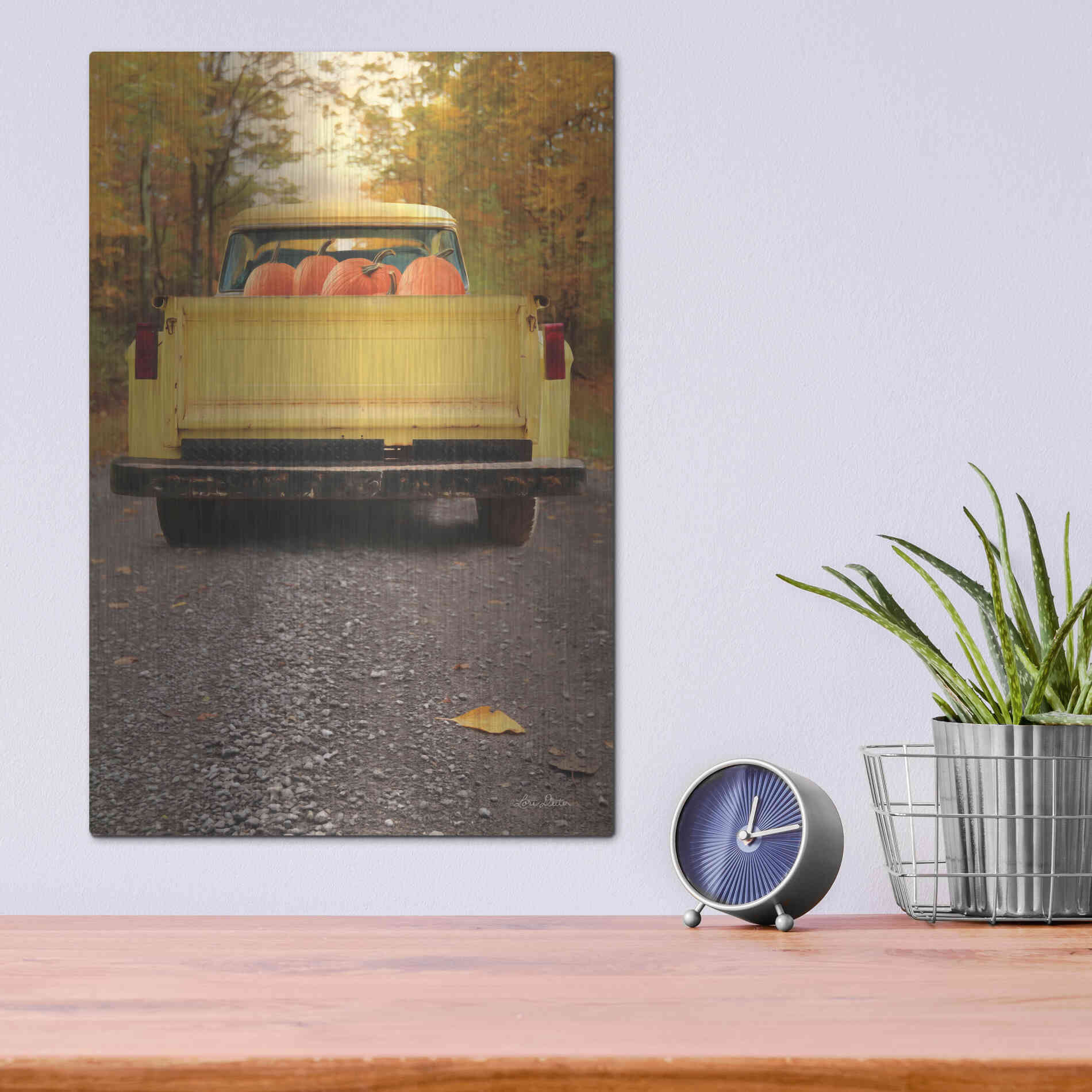 Luxe Metal Art 'Yellow Pumpkin Hauler' by Lori Deiter, Metal Wall Art,12x16