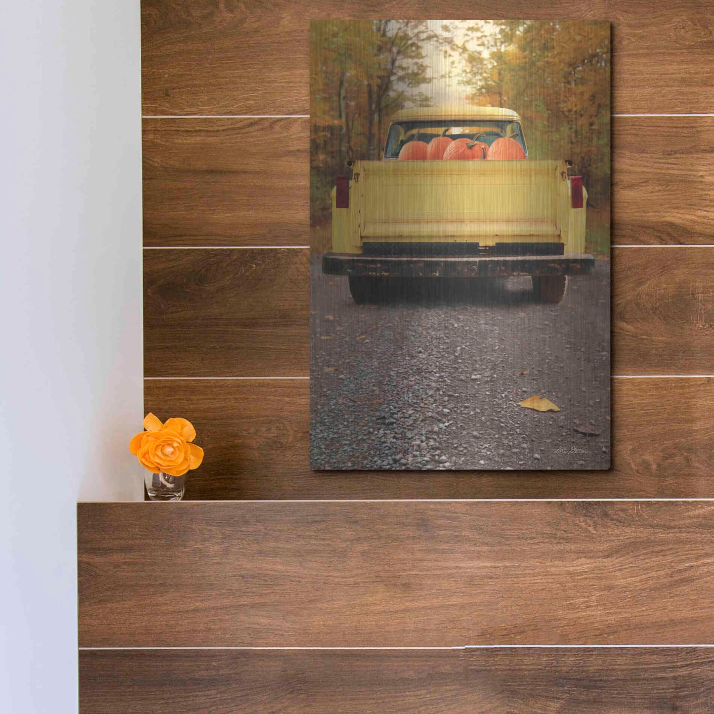 Luxe Metal Art 'Yellow Pumpkin Hauler' by Lori Deiter, Metal Wall Art,12x16