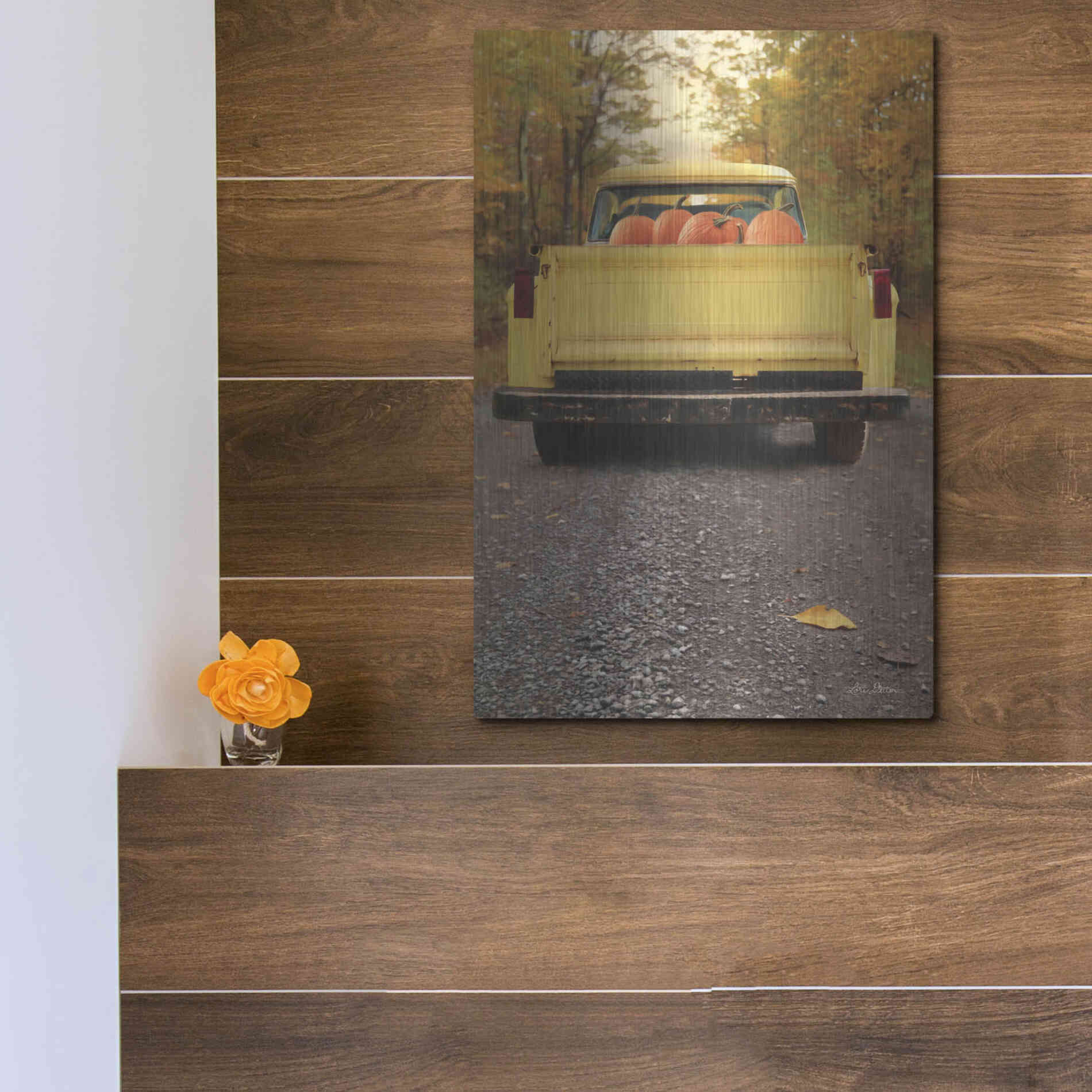 Luxe Metal Art 'Yellow Pumpkin Hauler' by Lori Deiter, Metal Wall Art,12x16