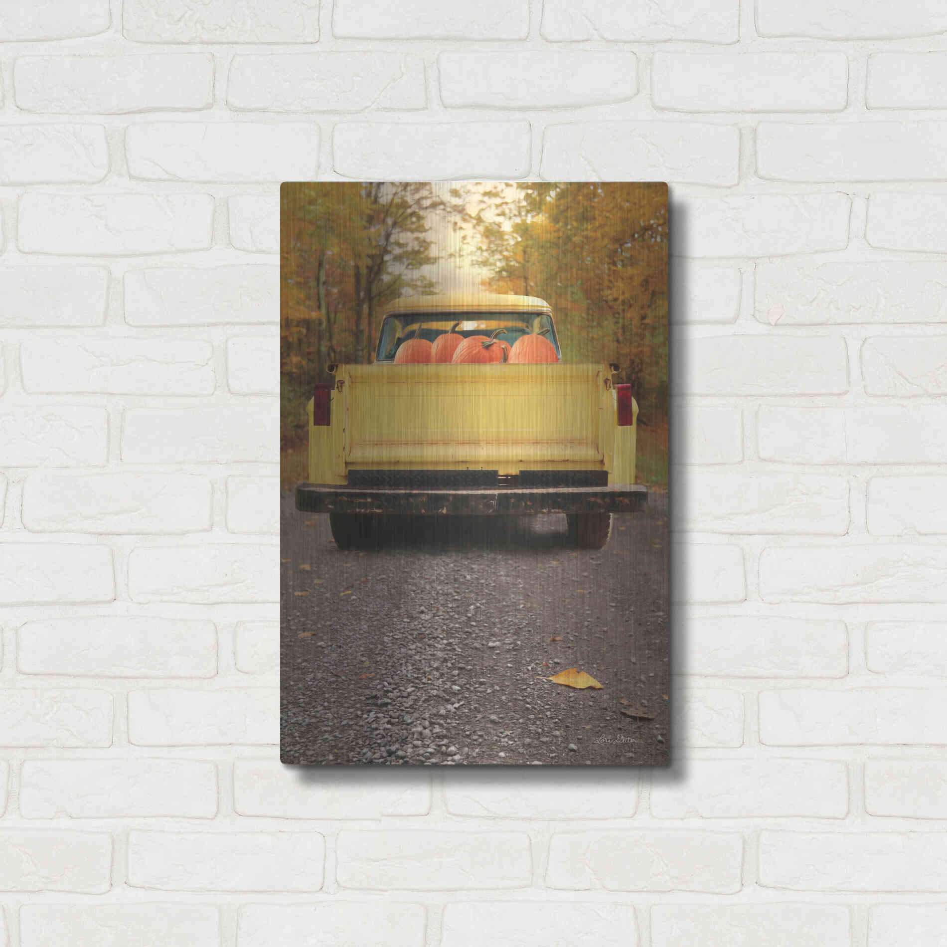 Luxe Metal Art 'Yellow Pumpkin Hauler' by Lori Deiter, Metal Wall Art,16x24