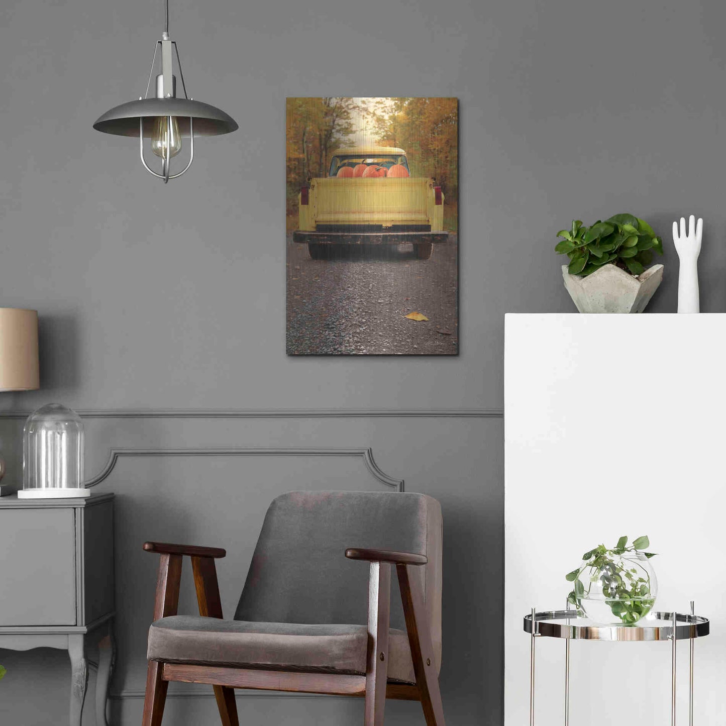 Luxe Metal Art 'Yellow Pumpkin Hauler' by Lori Deiter, Metal Wall Art,16x24